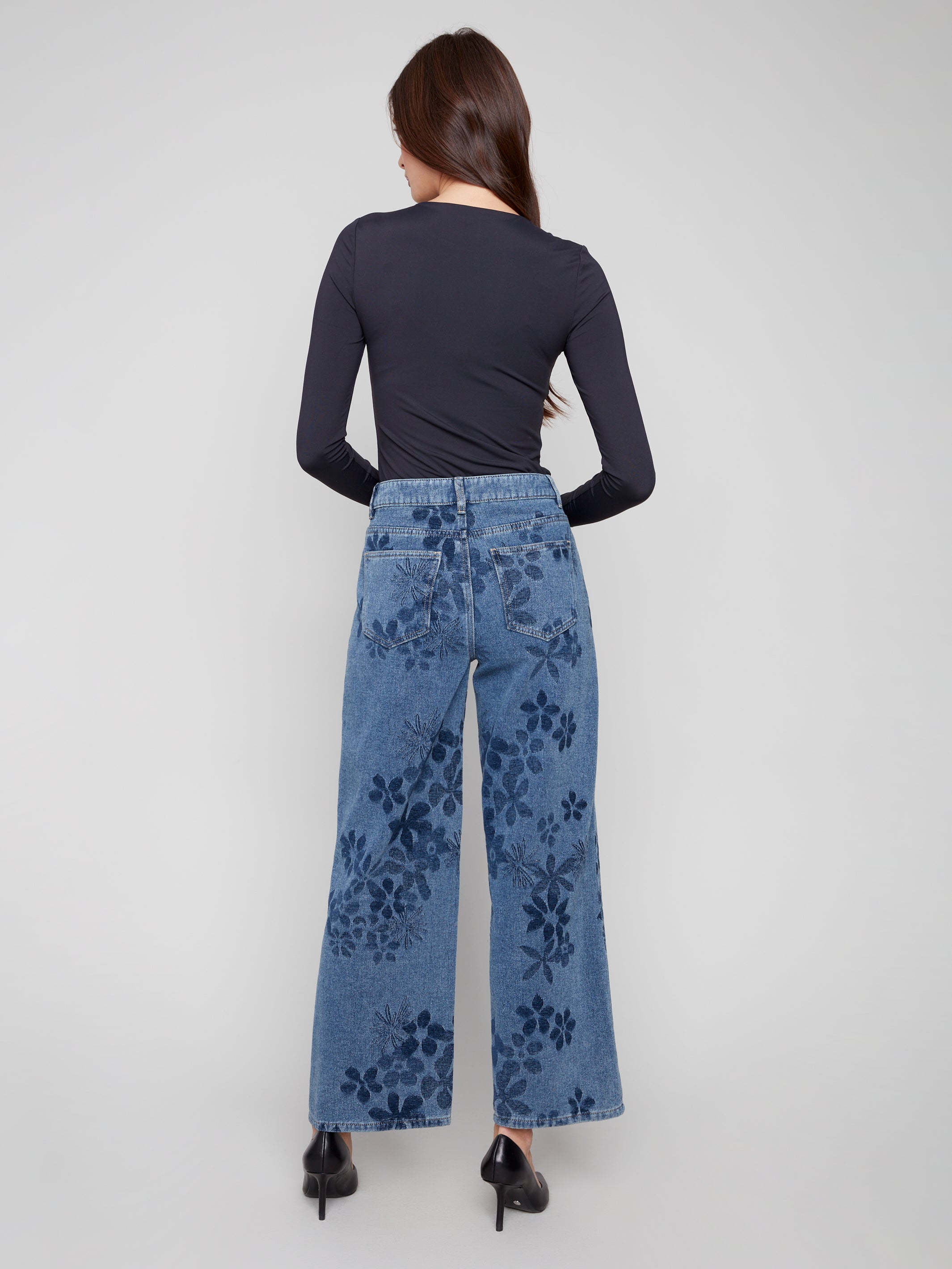 Wide Leg Stretch Denim Jacquard Flower Pants