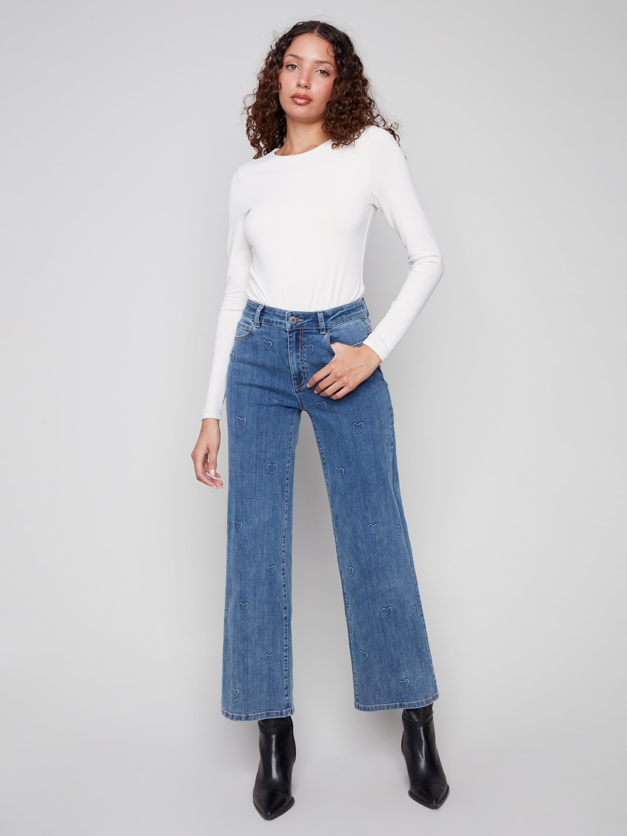 Wide Leg Jeans with All-Over Embossed Hearts