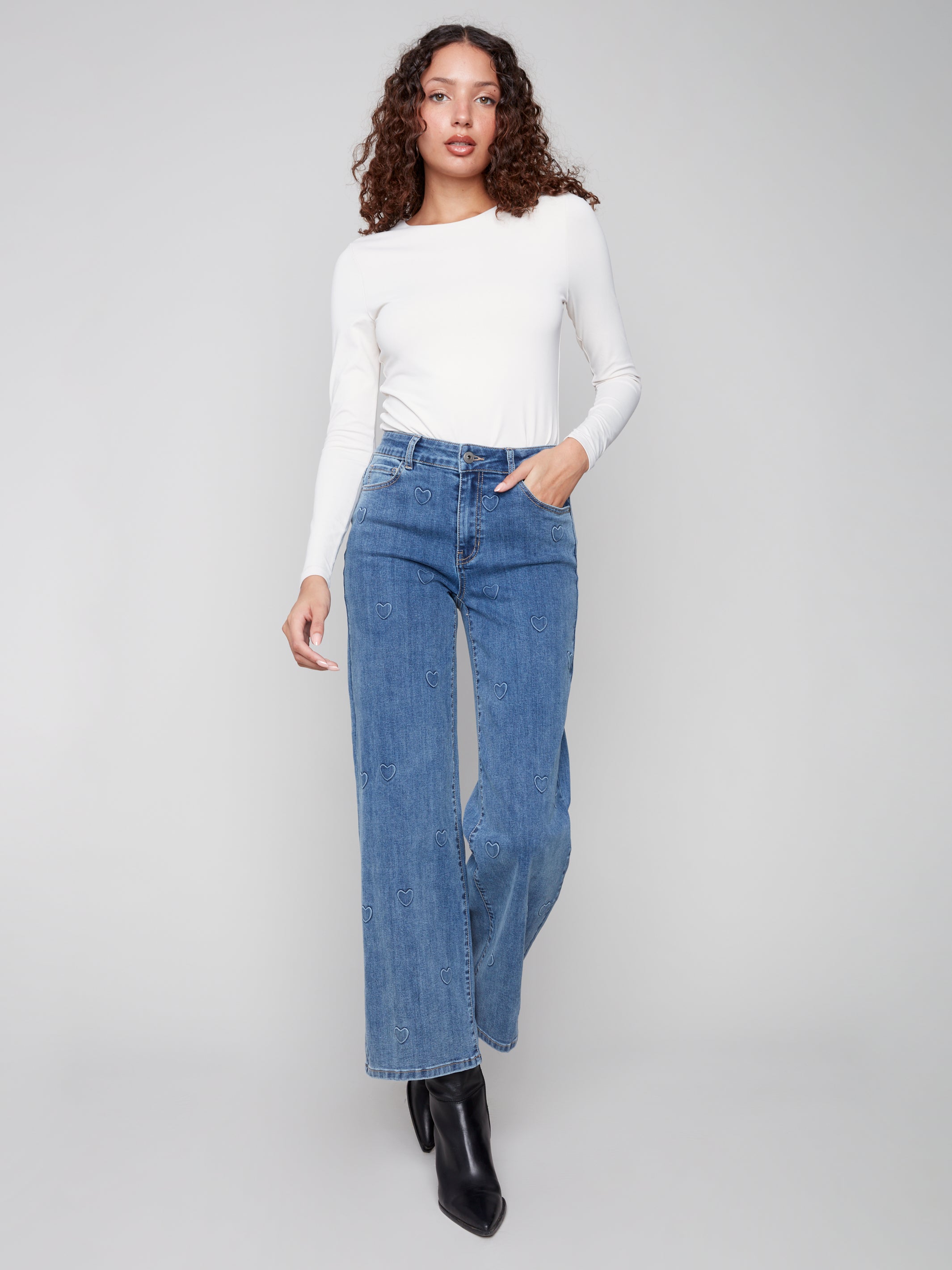 Wide Leg Jeans with All-Over Embossed Hearts