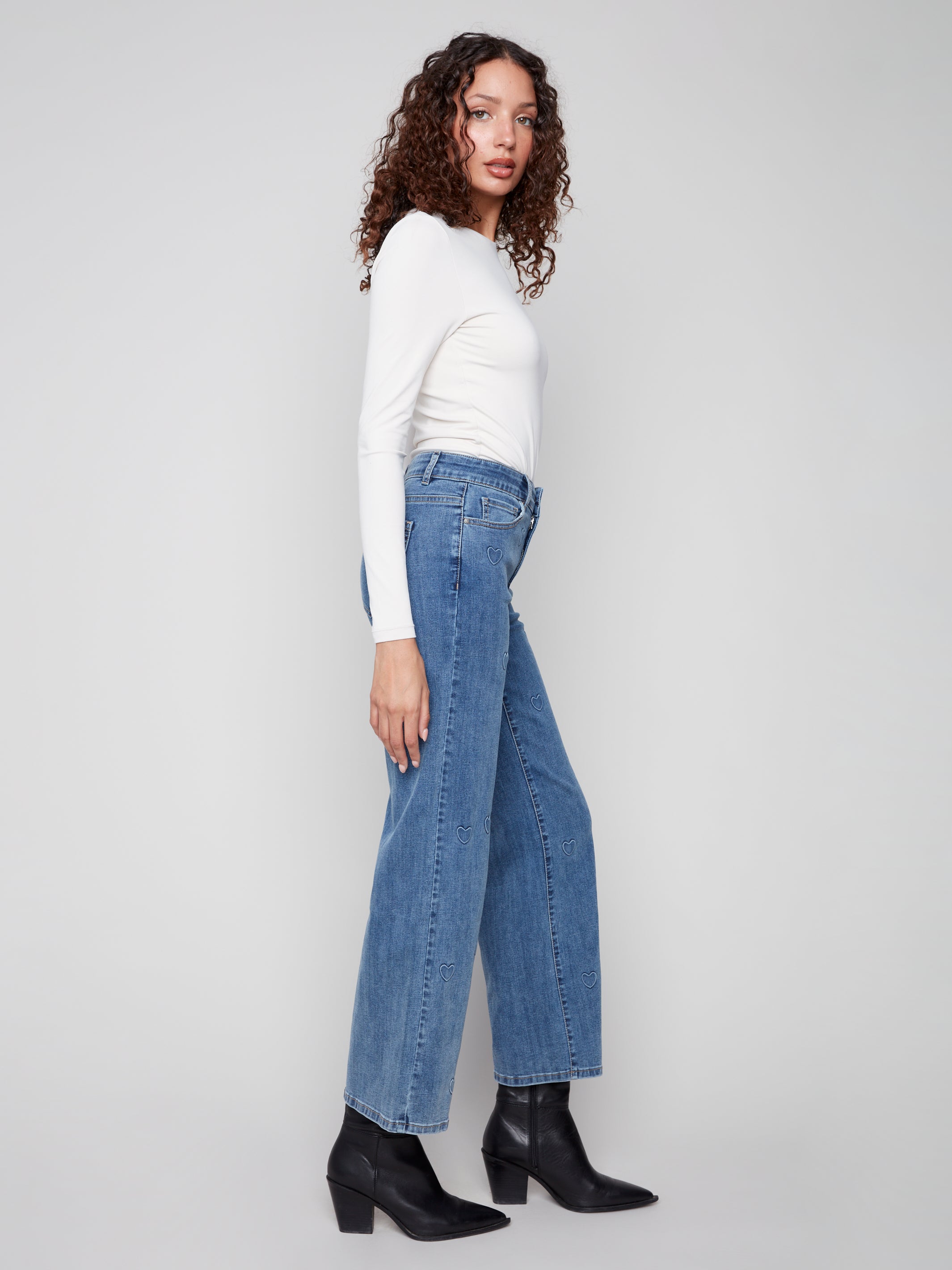 Wide Leg Jeans with All-Over Embossed Hearts