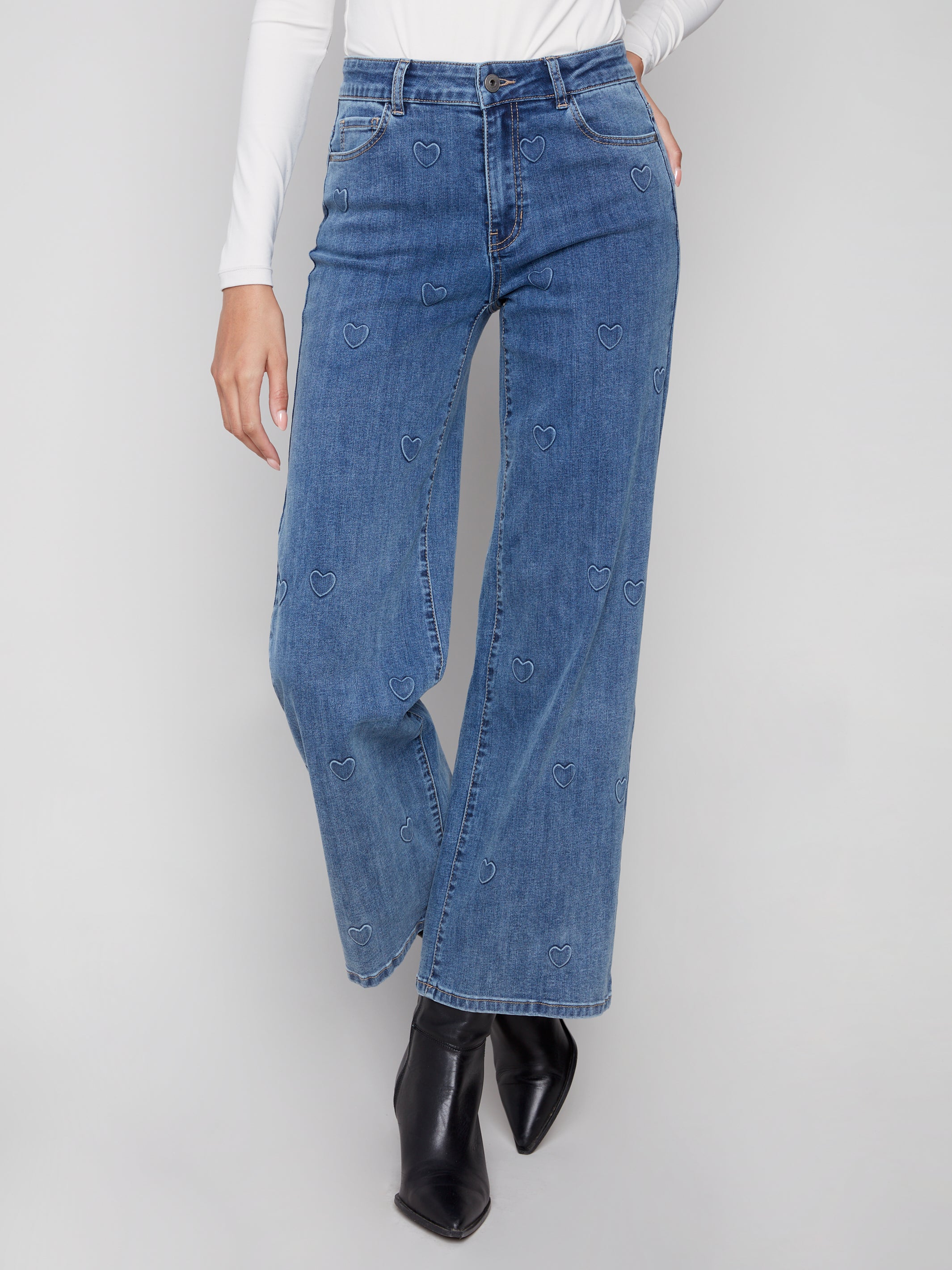 Wide Leg Jeans with All-Over Embossed Hearts
