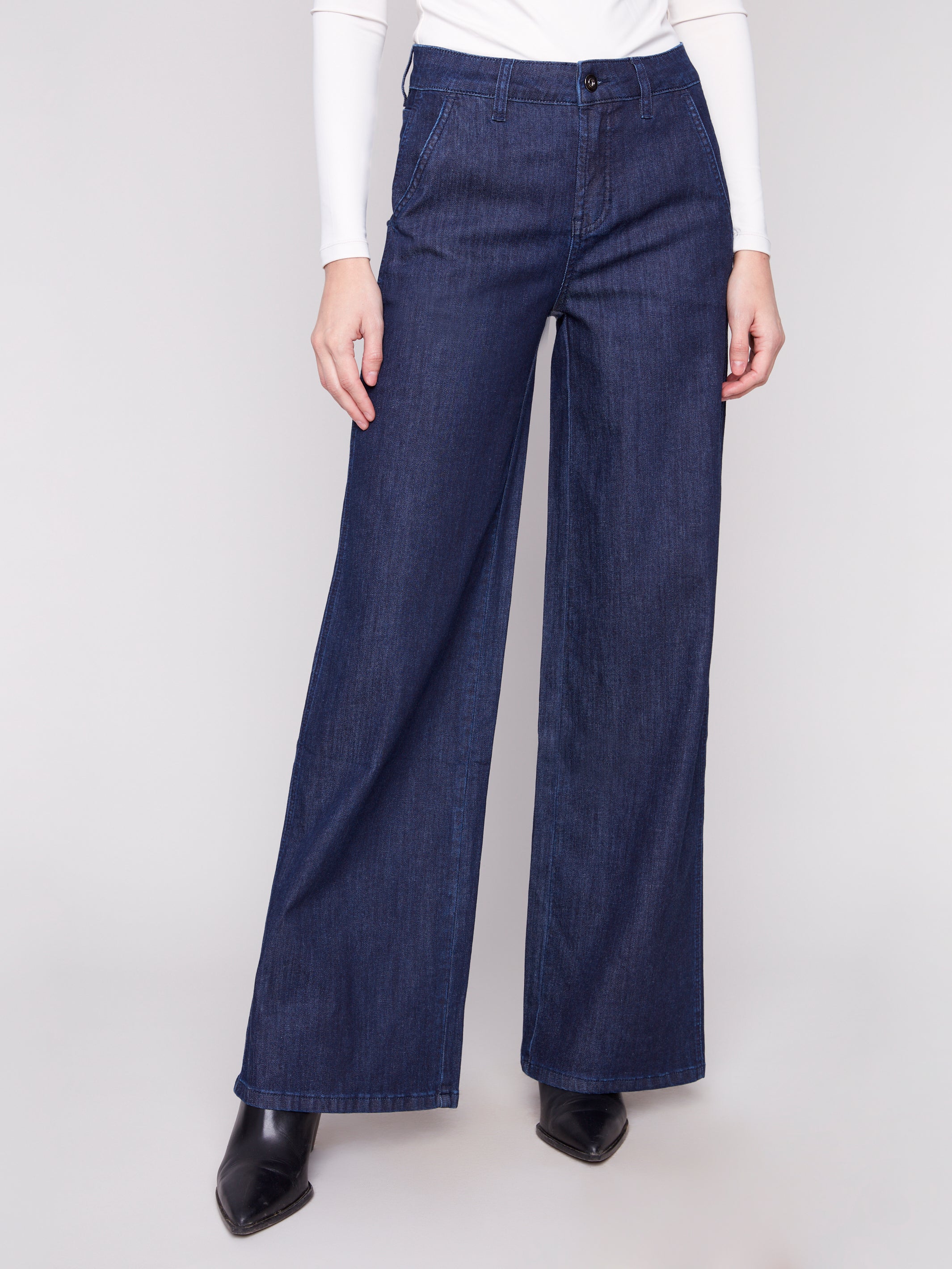 Wide Leg Stretch Denim Pants With Slash Pockets