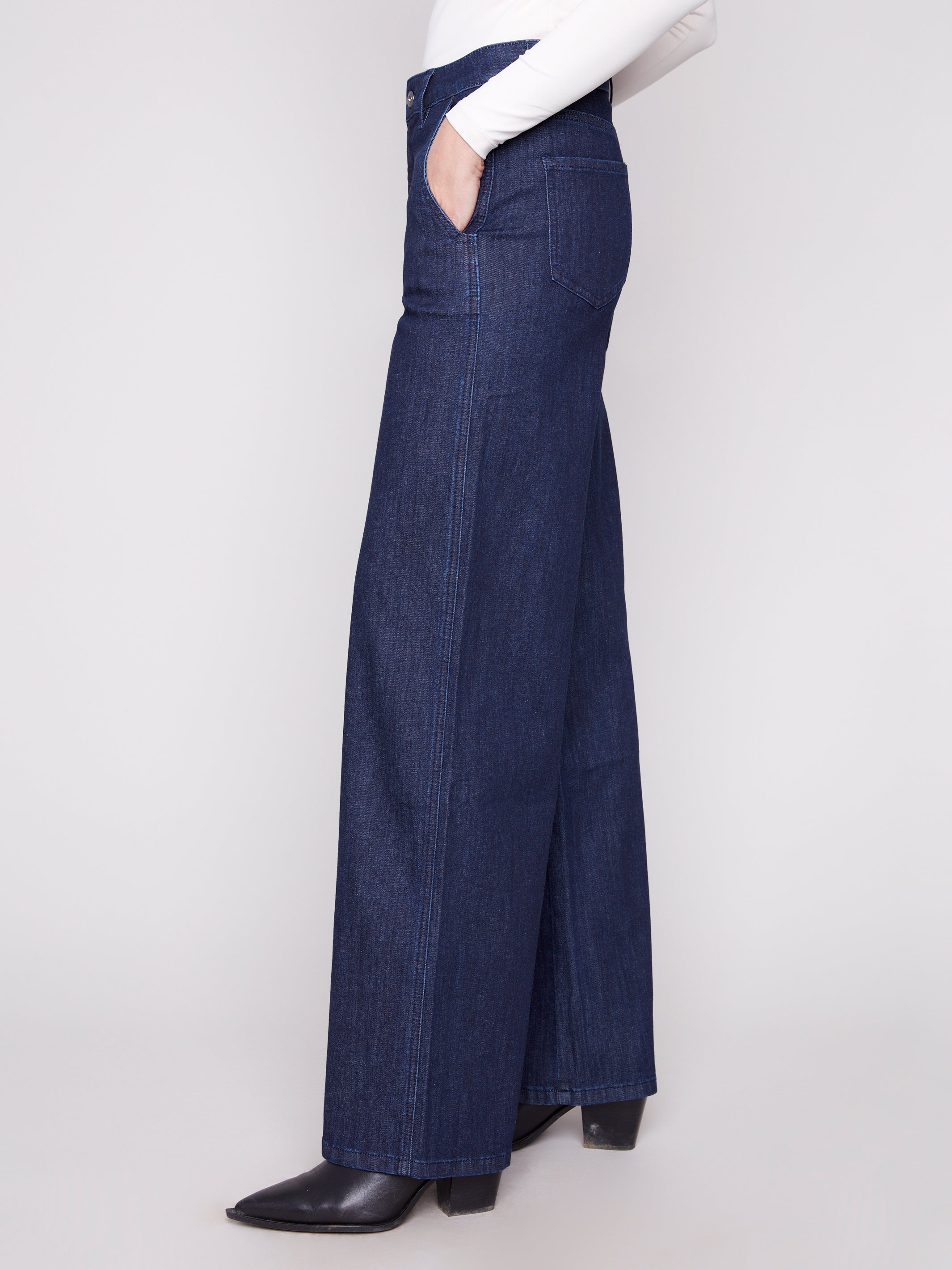 Wide Leg Stretch Denim Pants With Slash Pockets