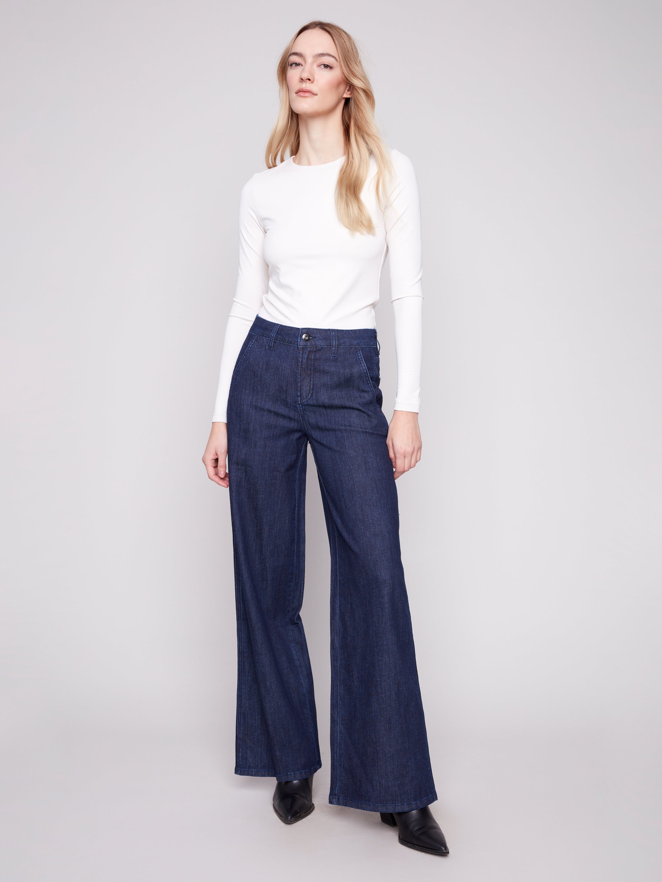 Wide Leg Stretch Denim Pants With Slash Pockets