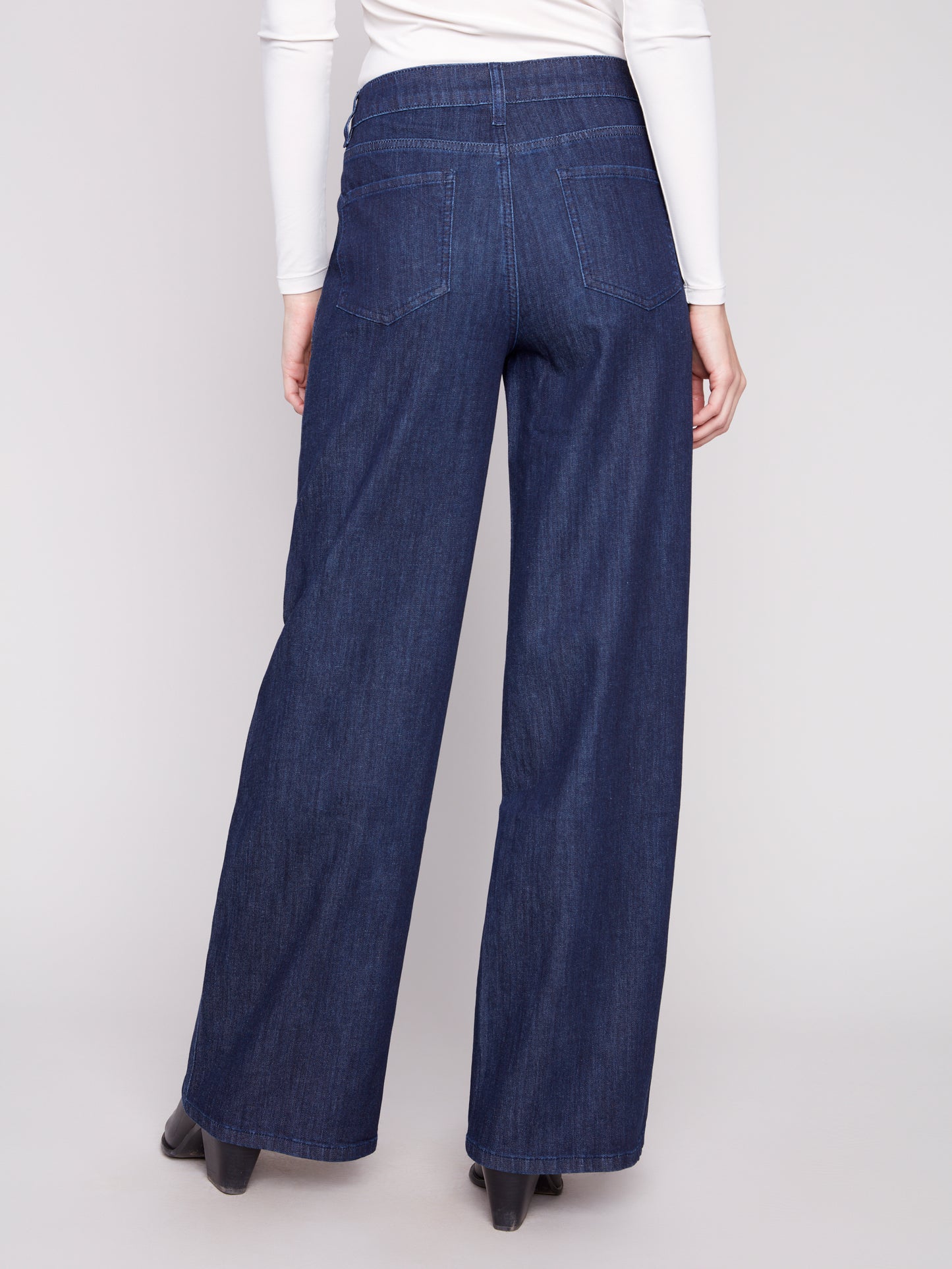 Wide Leg Stretch Denim Pants With Slash Pockets