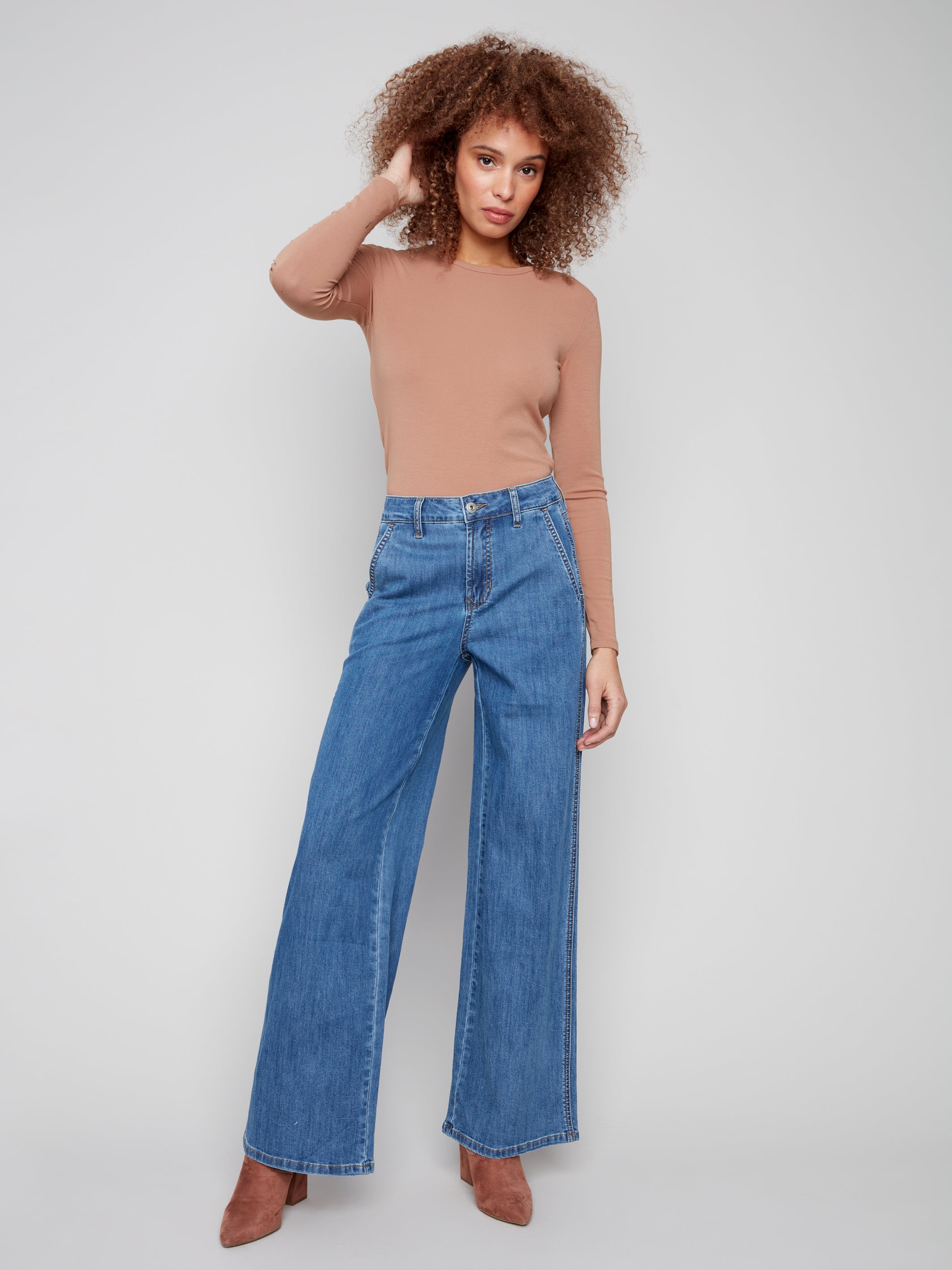 Wide Leg Stretch Denim Pants With Slash Pockets