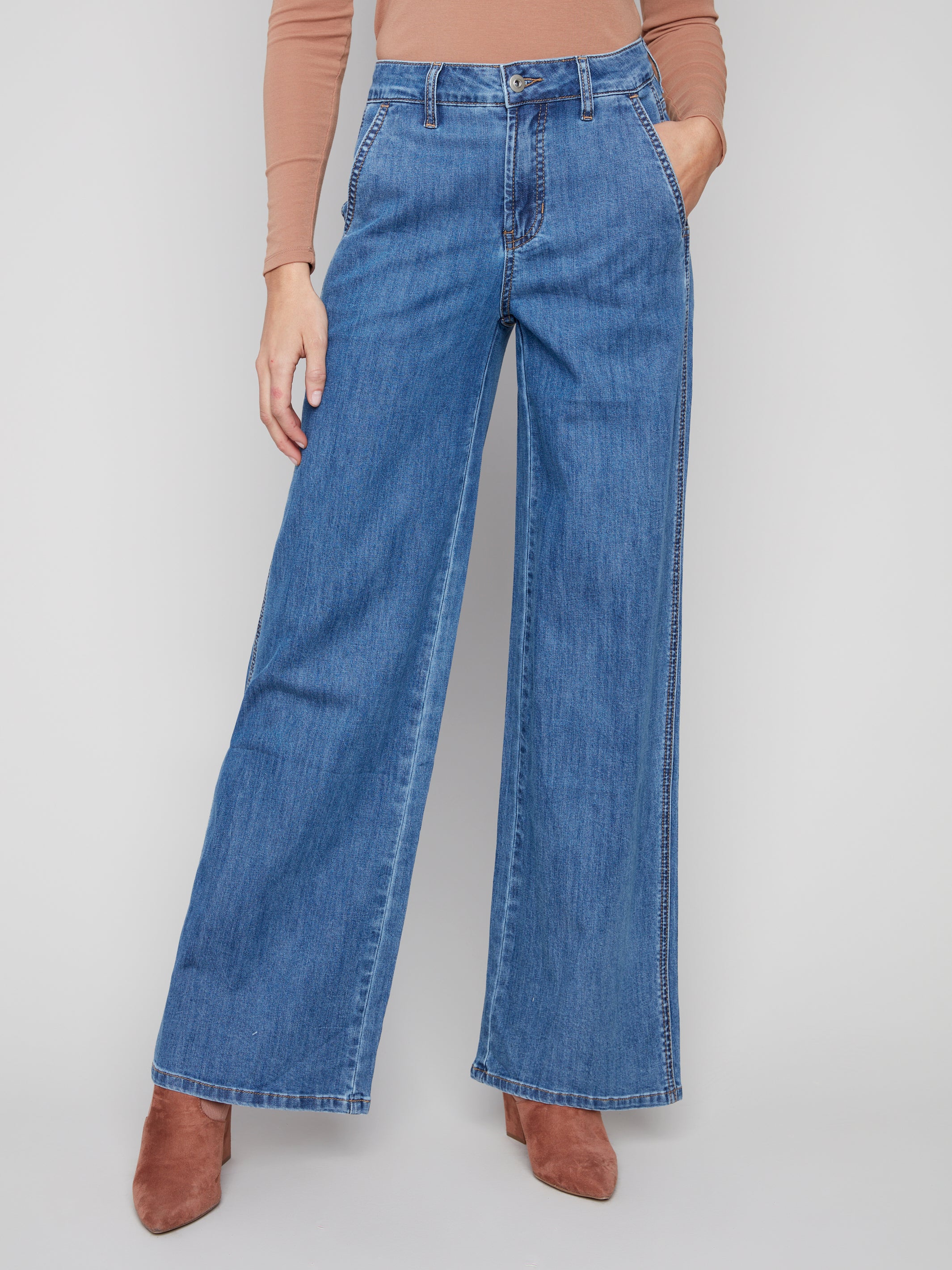 Wide Leg Stretch Denim Pants With Slash Pockets
