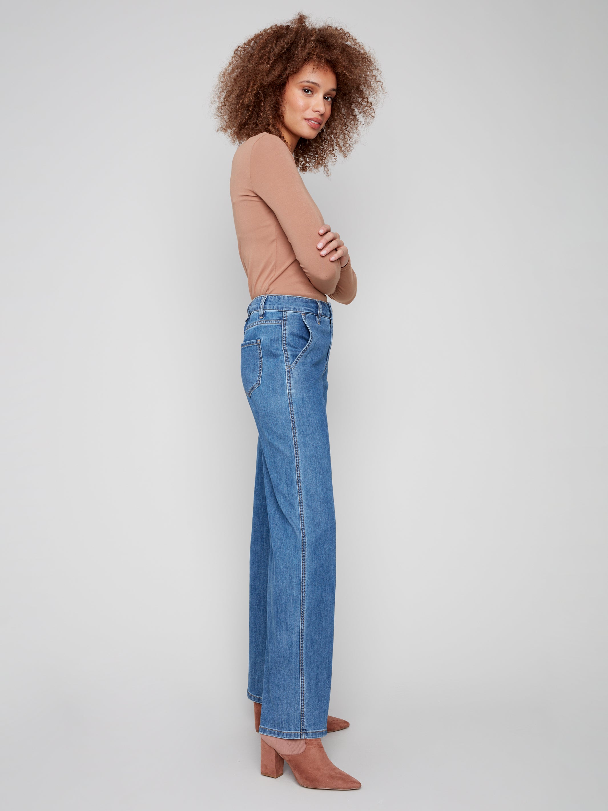 Wide Leg Stretch Denim Pants With Slash Pockets