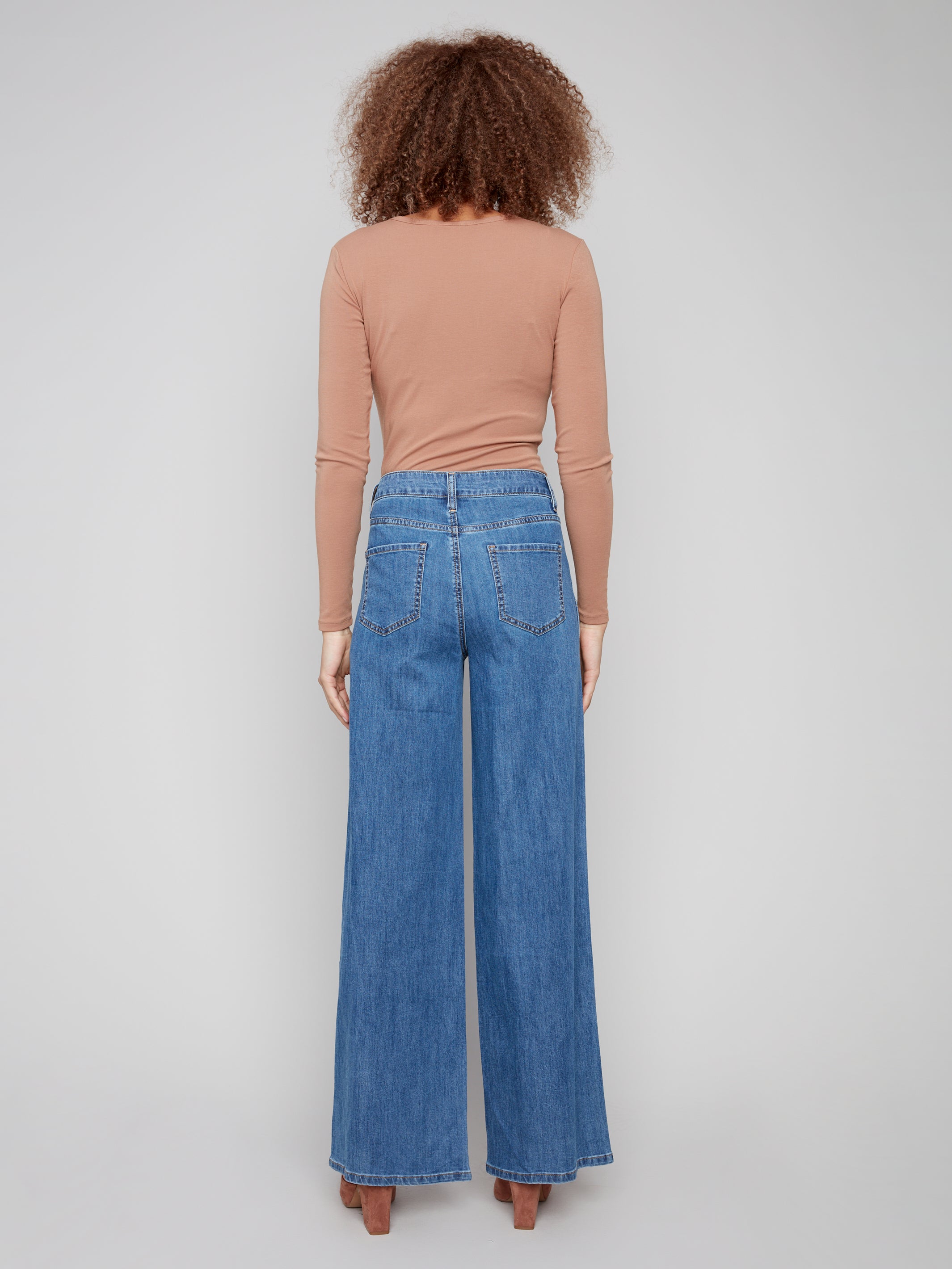 Wide Leg Stretch Denim Pants With Slash Pockets