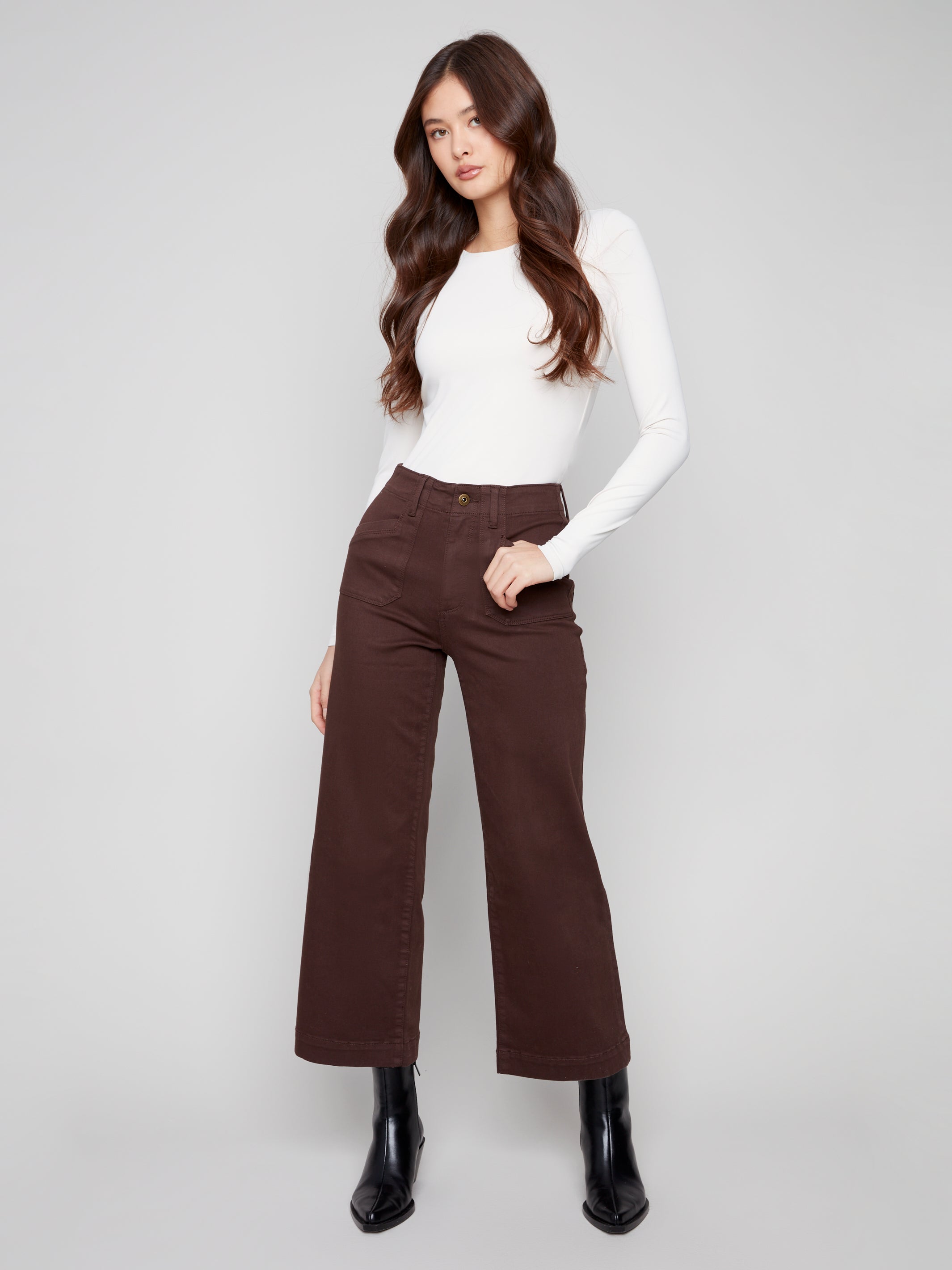 Cropped Wide Leg Stretch Twill Pants