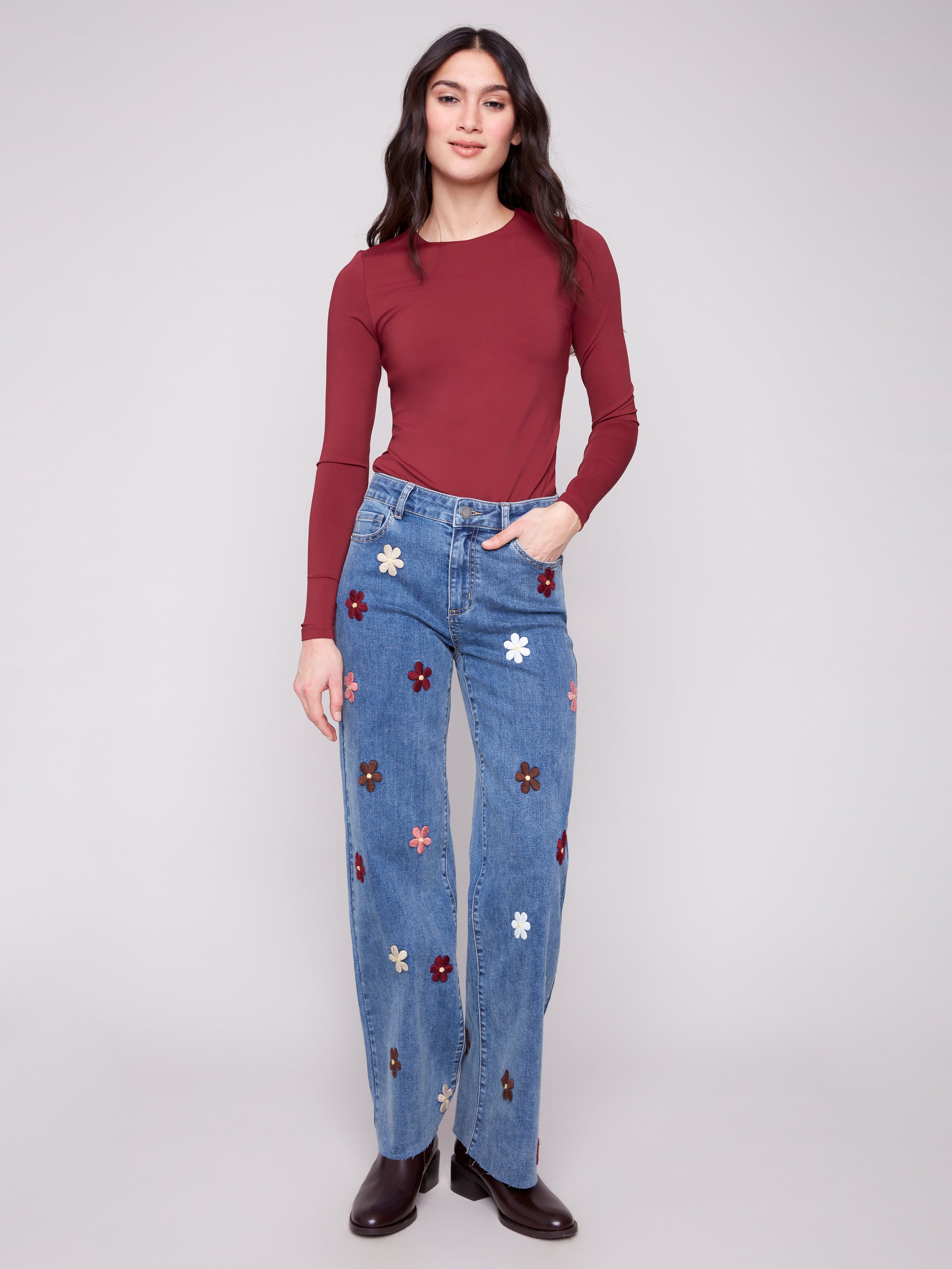 Wide Leg Jeans With Flower Patches