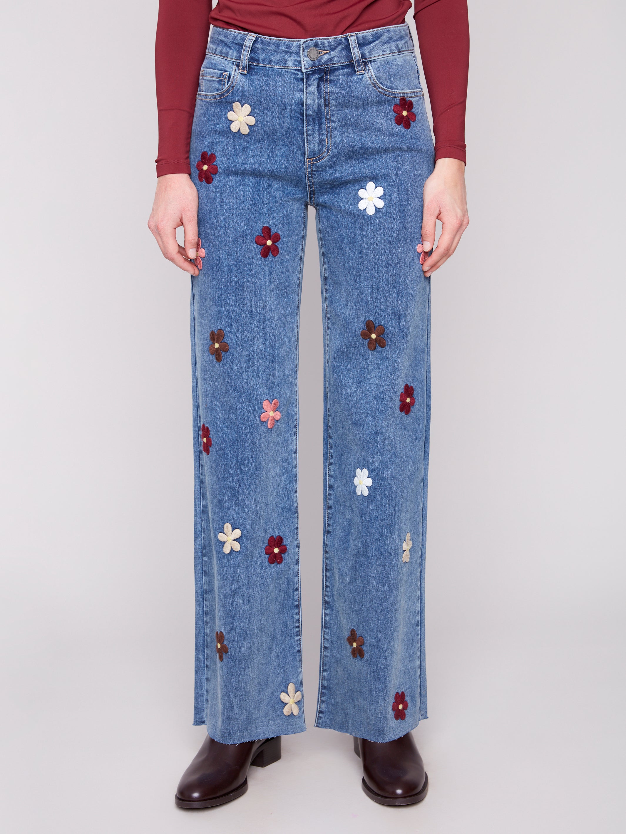 Wide Leg Jeans With Flower Patches