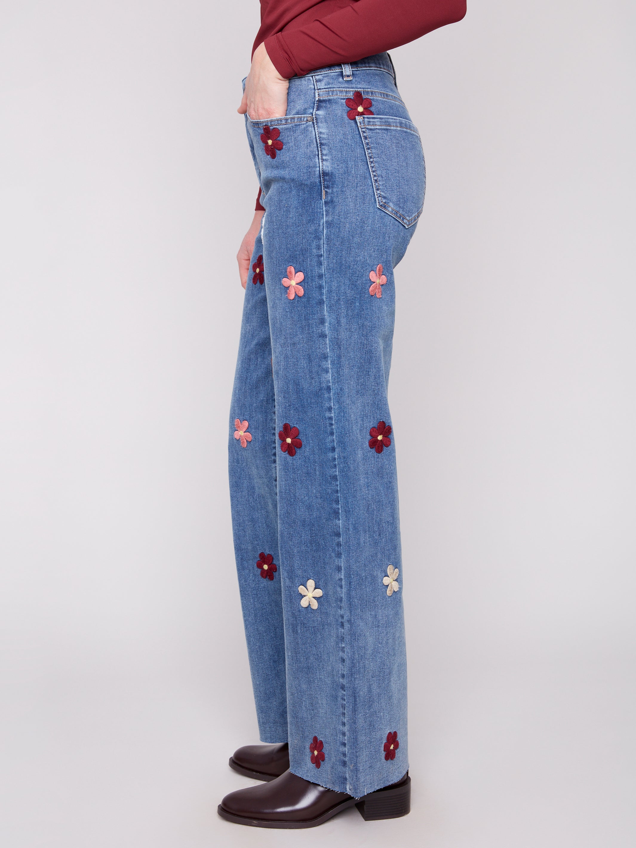 Wide Leg Jeans With Flower Patches