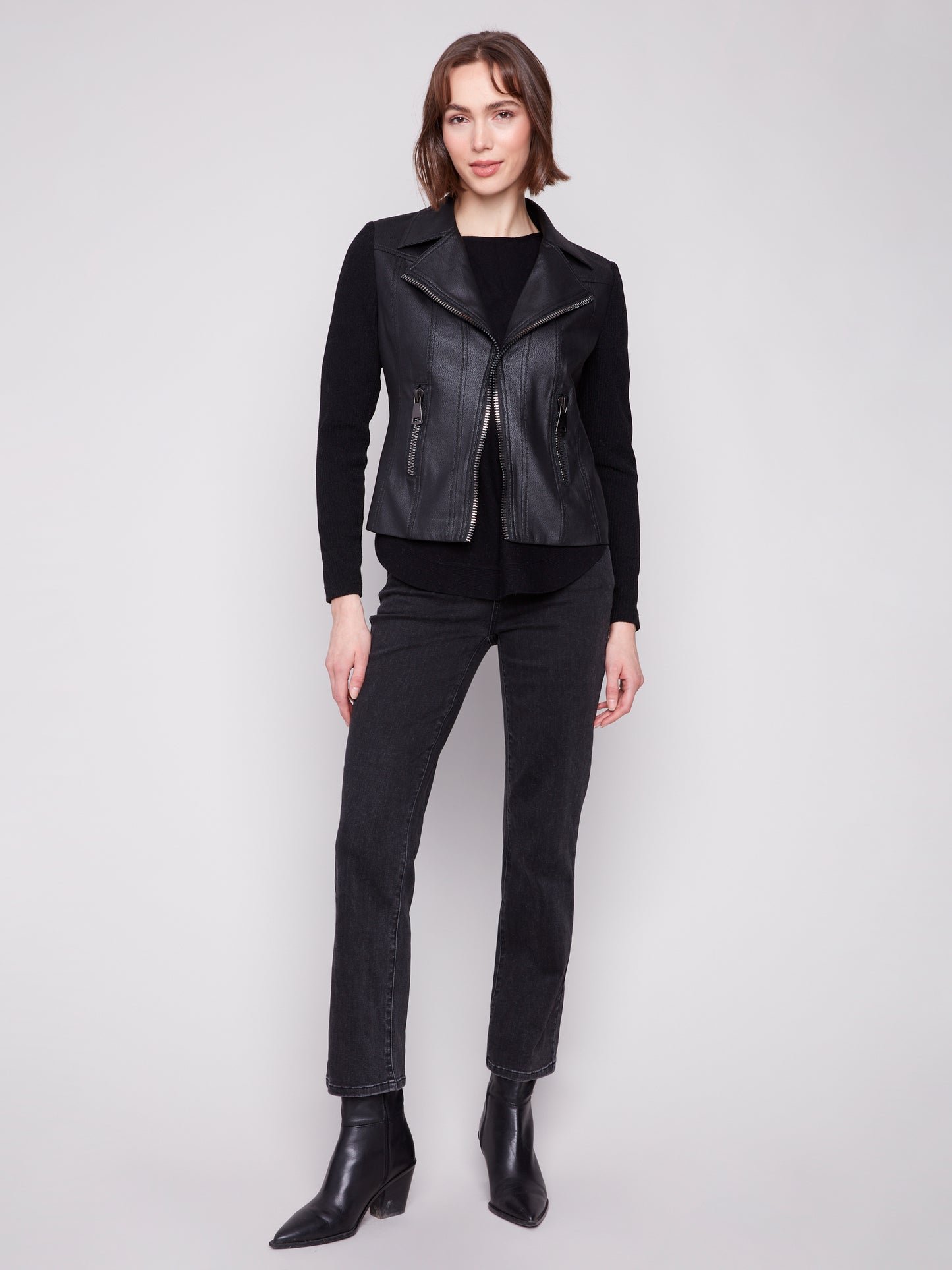 Vintage Faux Leather & Rib Knit Jacket