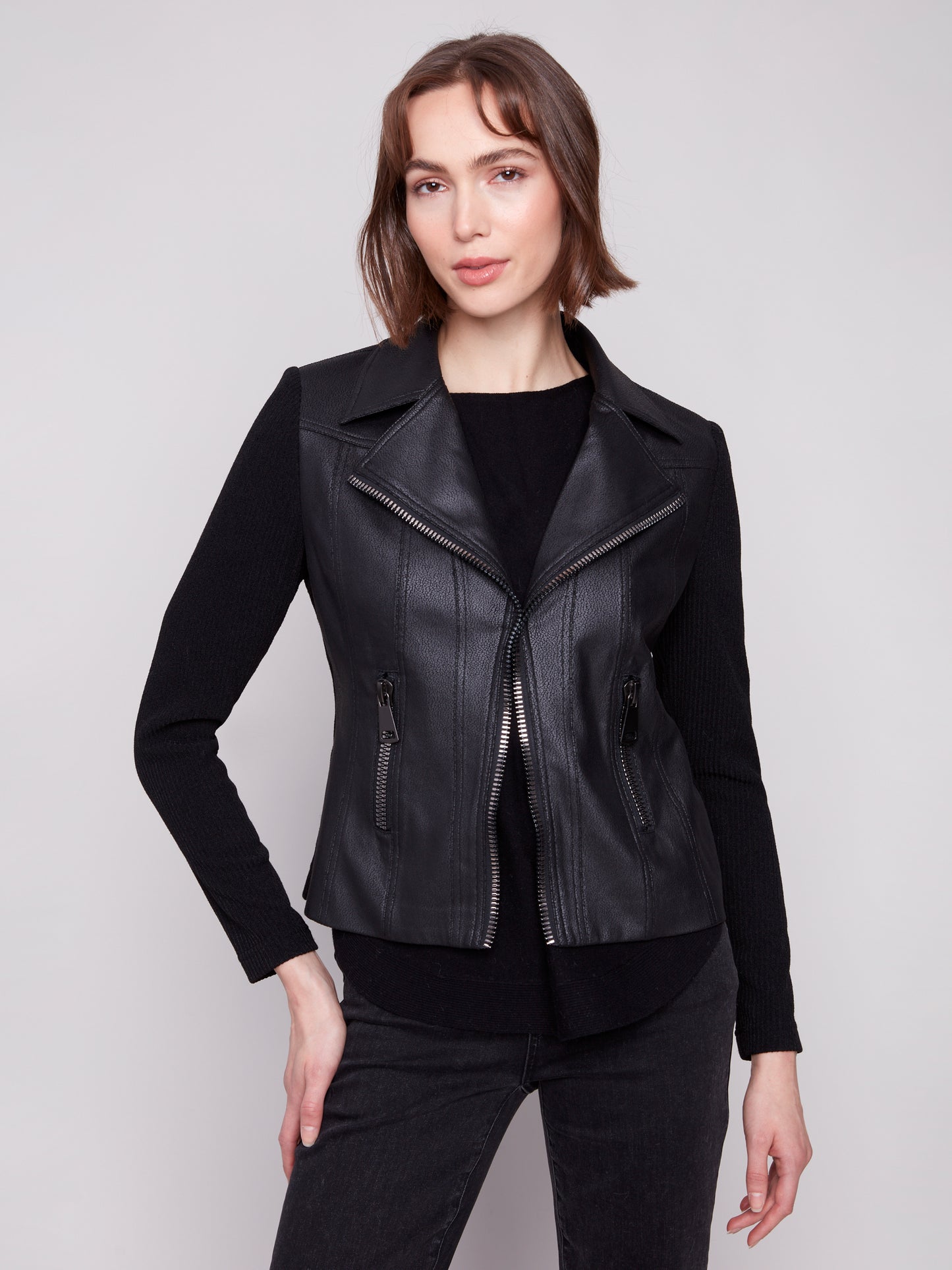 Vintage Faux Leather & Rib Knit Jacket