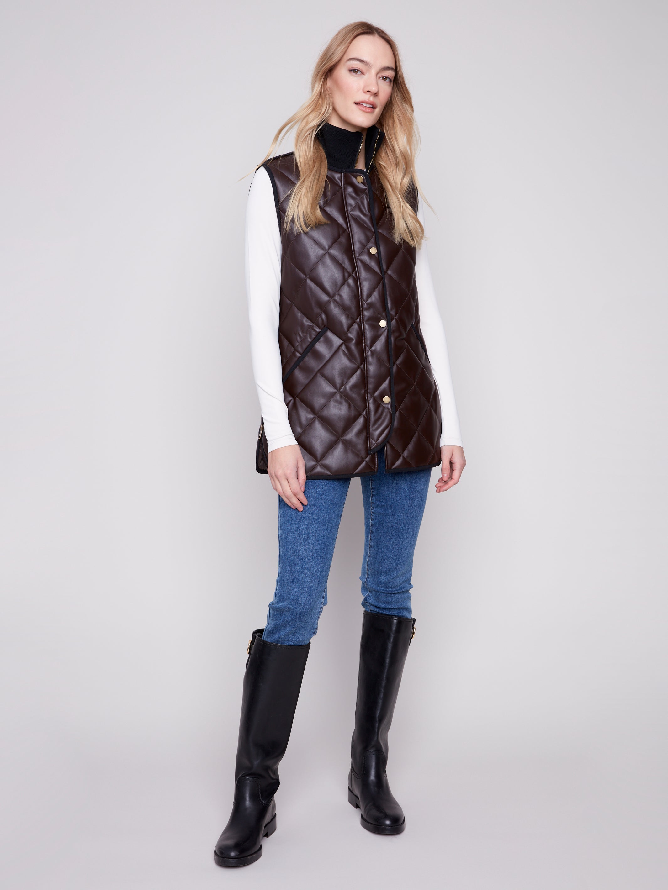 Long Quilted Faux Leather Vest