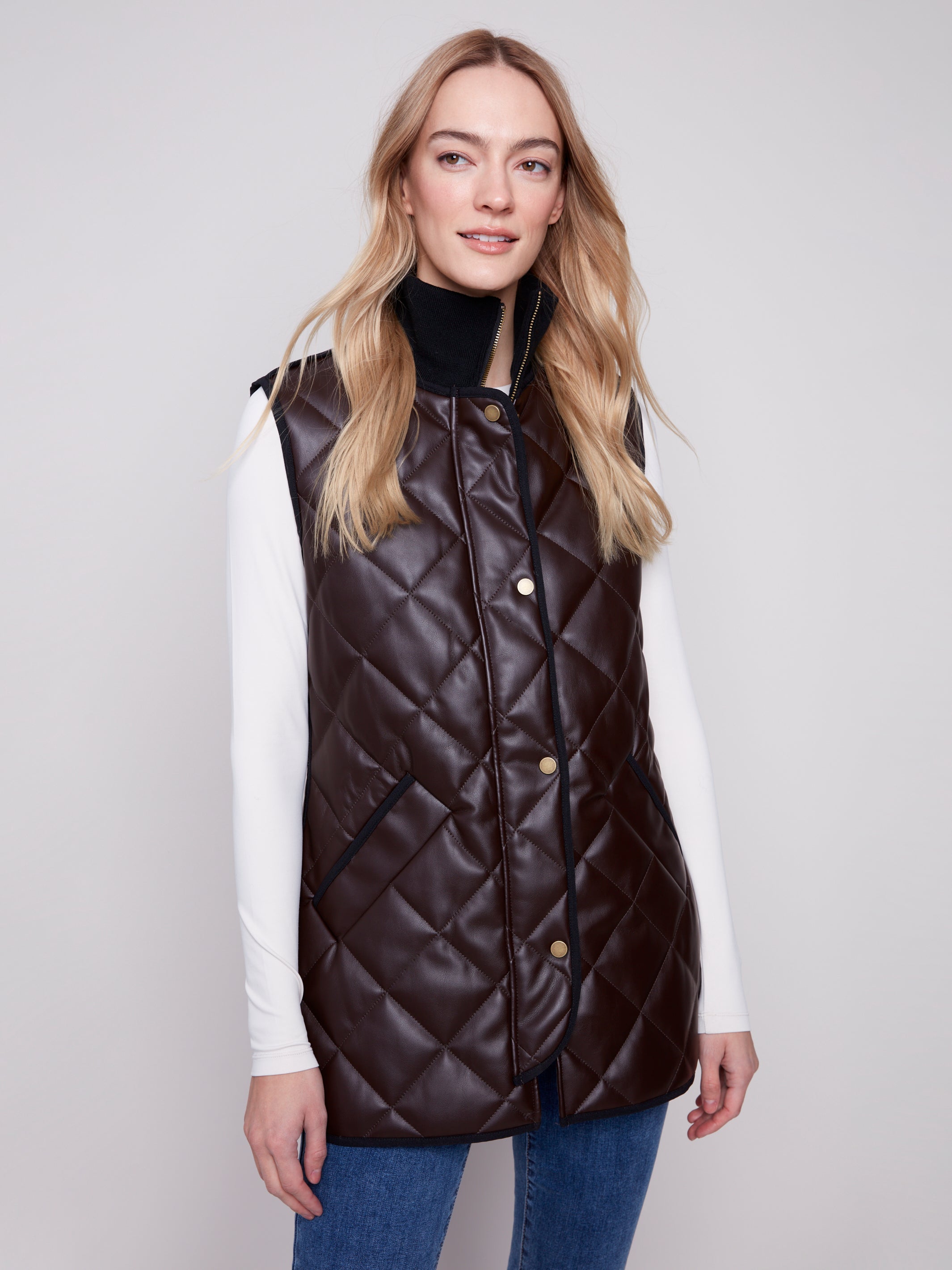 Long Quilted Faux Leather Vest