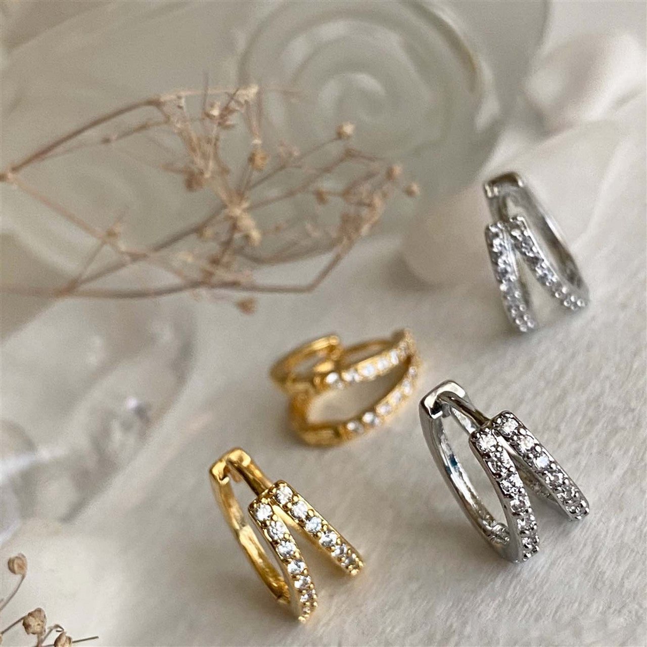 Chariklo Double Layer Rhinestone Encrusted Sleeper Hoops