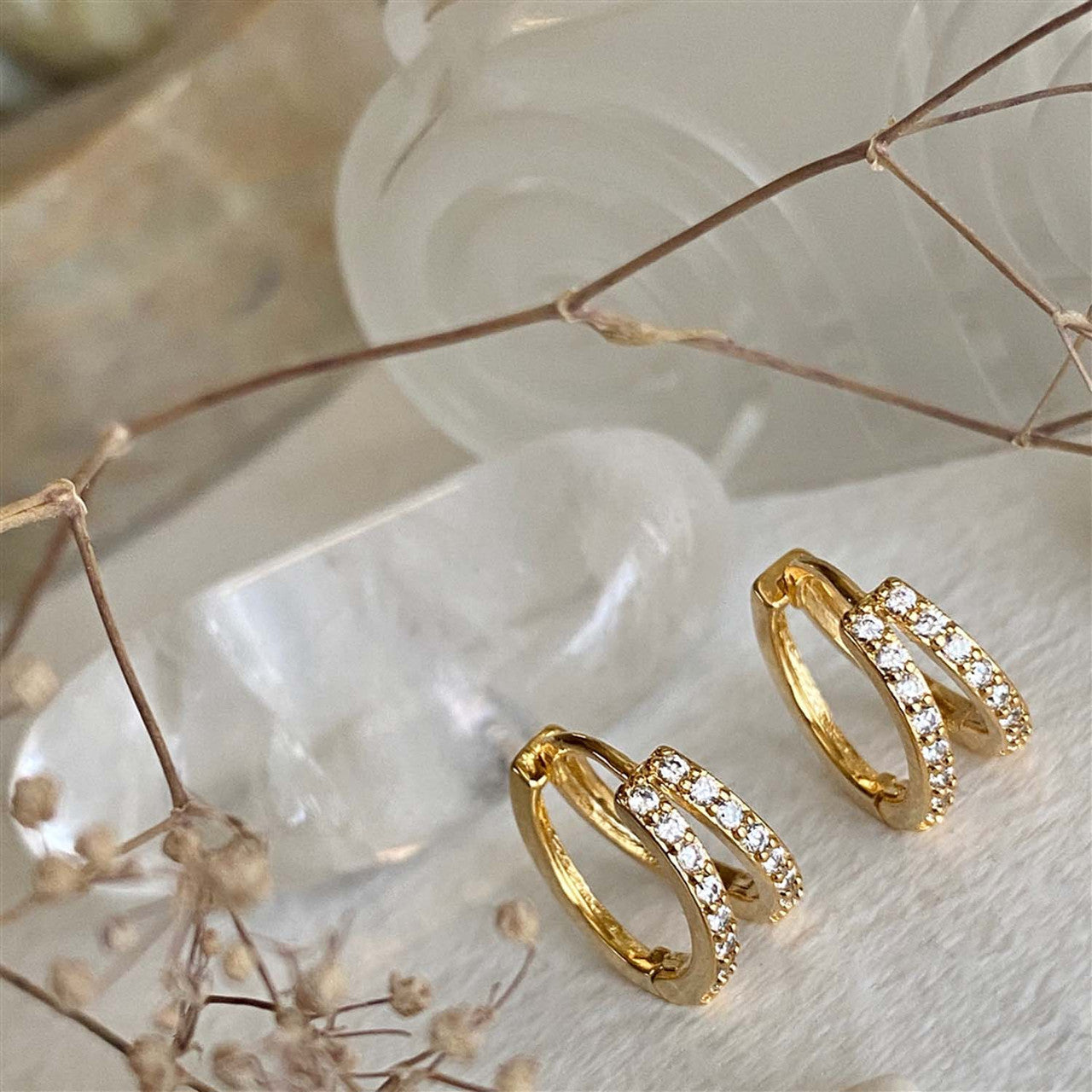 Chariklo Double Layer Rhinestone Encrusted Sleeper Hoops