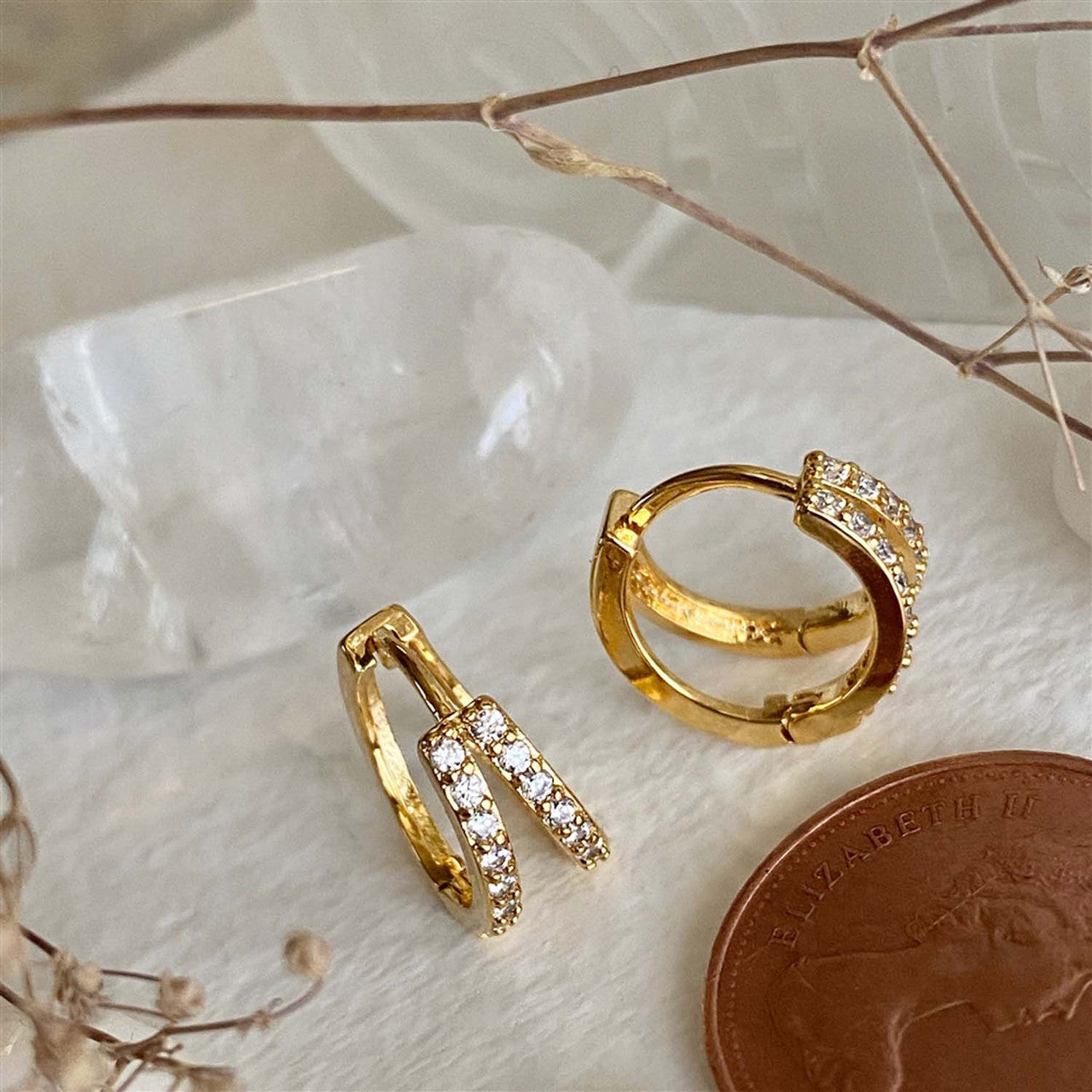 Chariklo Double Layer Rhinestone Encrusted Sleeper Hoops