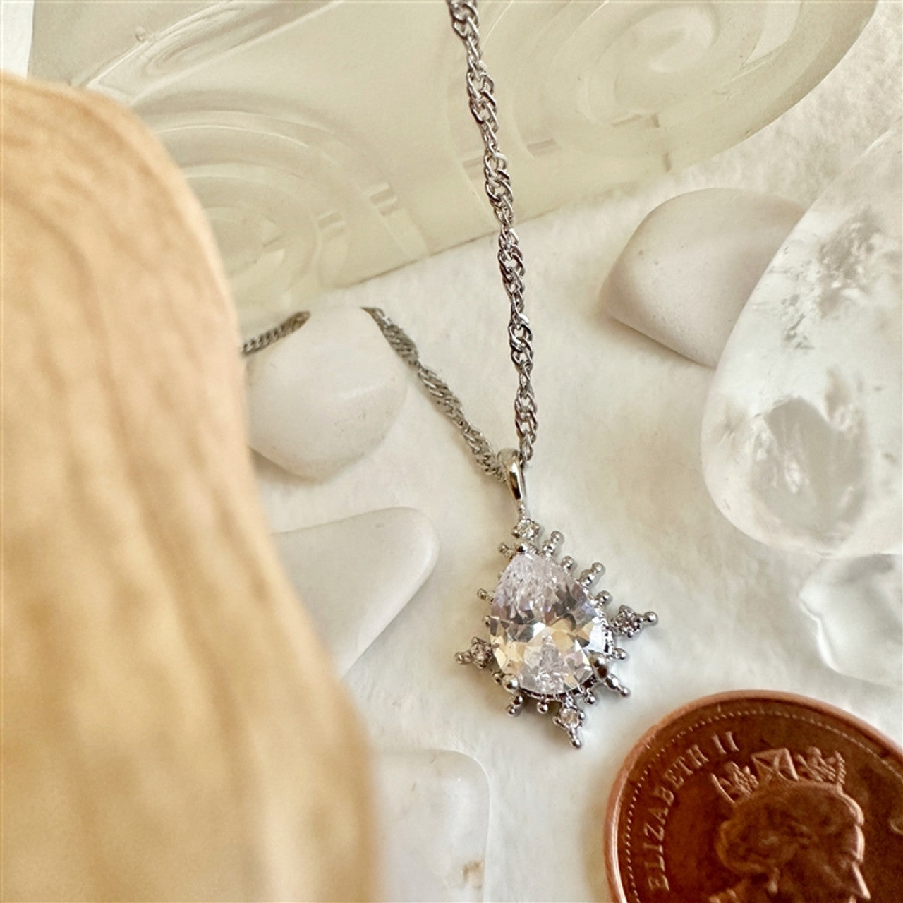 Cindel Teardrop Charm Necklace With Rhinestone Baguettes