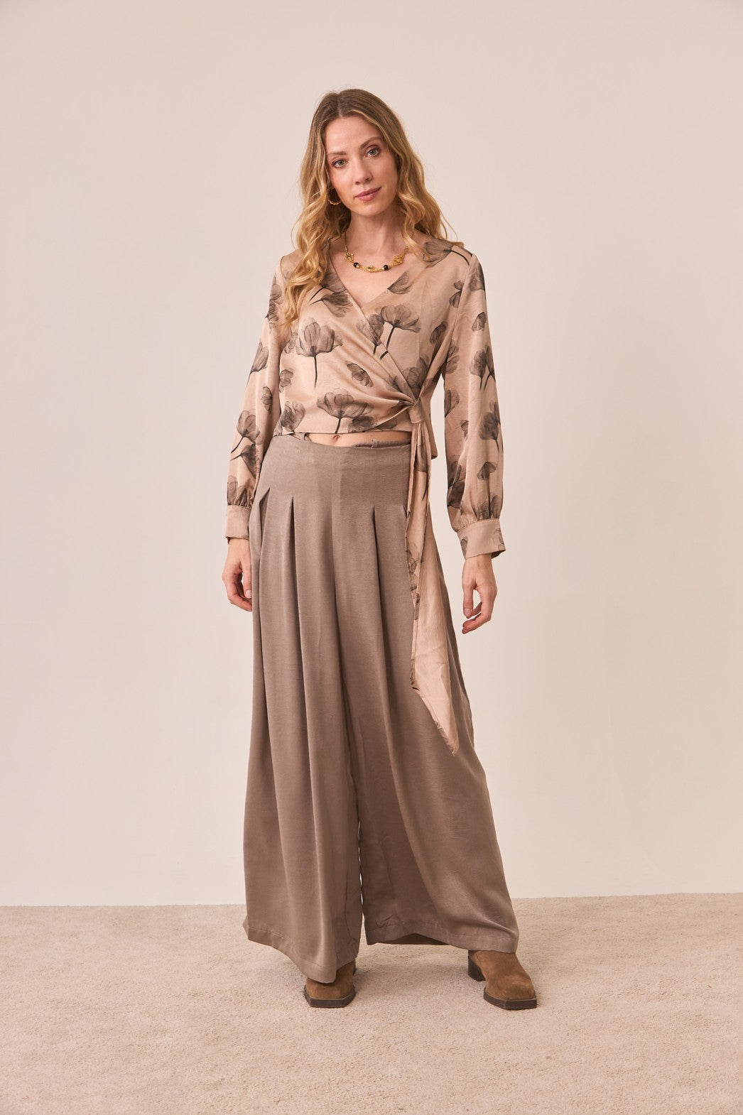 Printed Bow Crossover Blouse