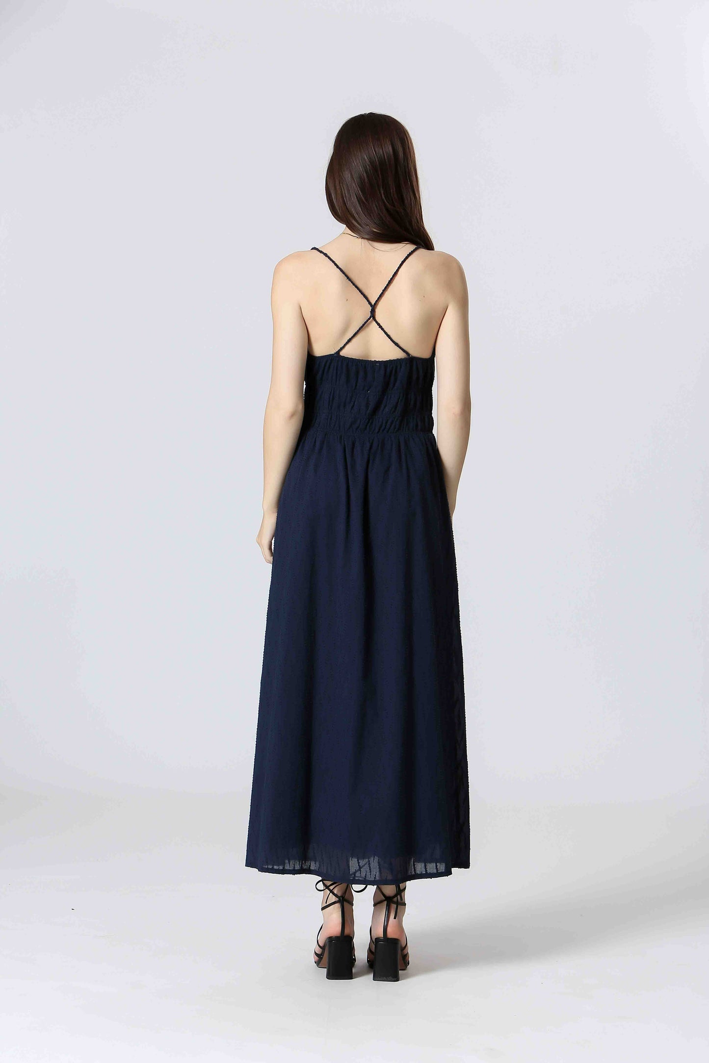 Smocked Crossed Back Midi Dress