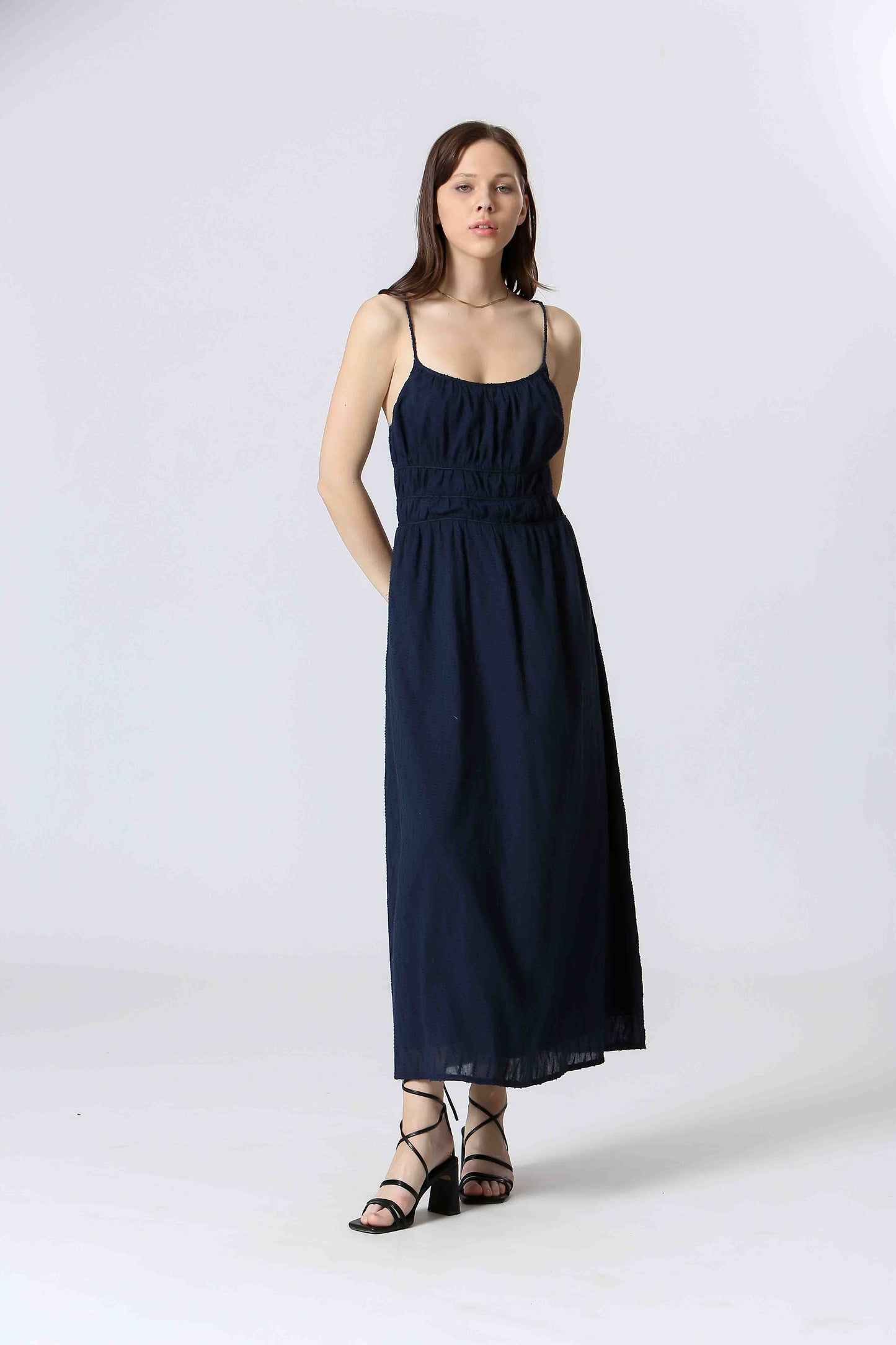 Smocked Crossed Back Midi Dress