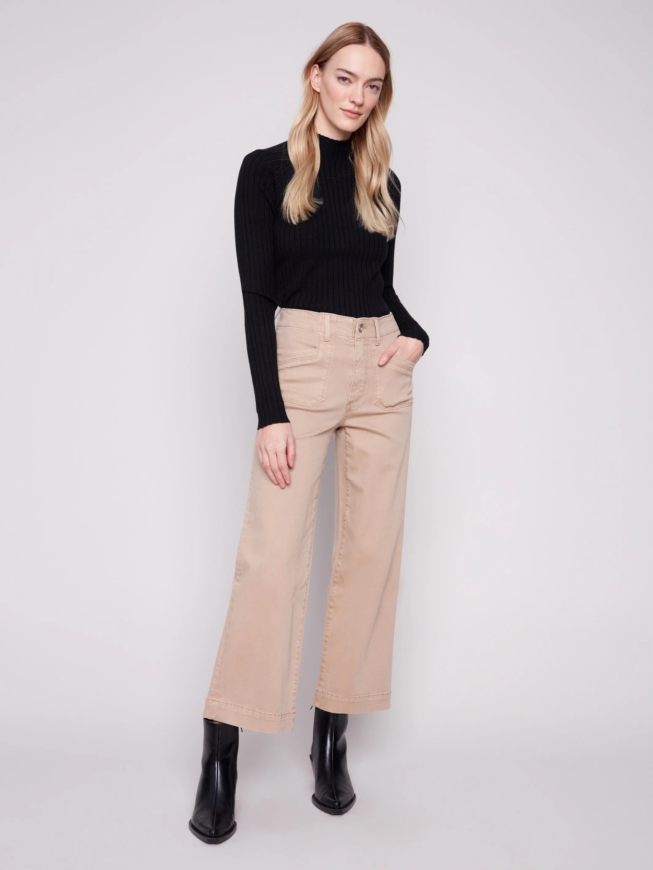 Cropped Wide Leg Stretch Twill Pants