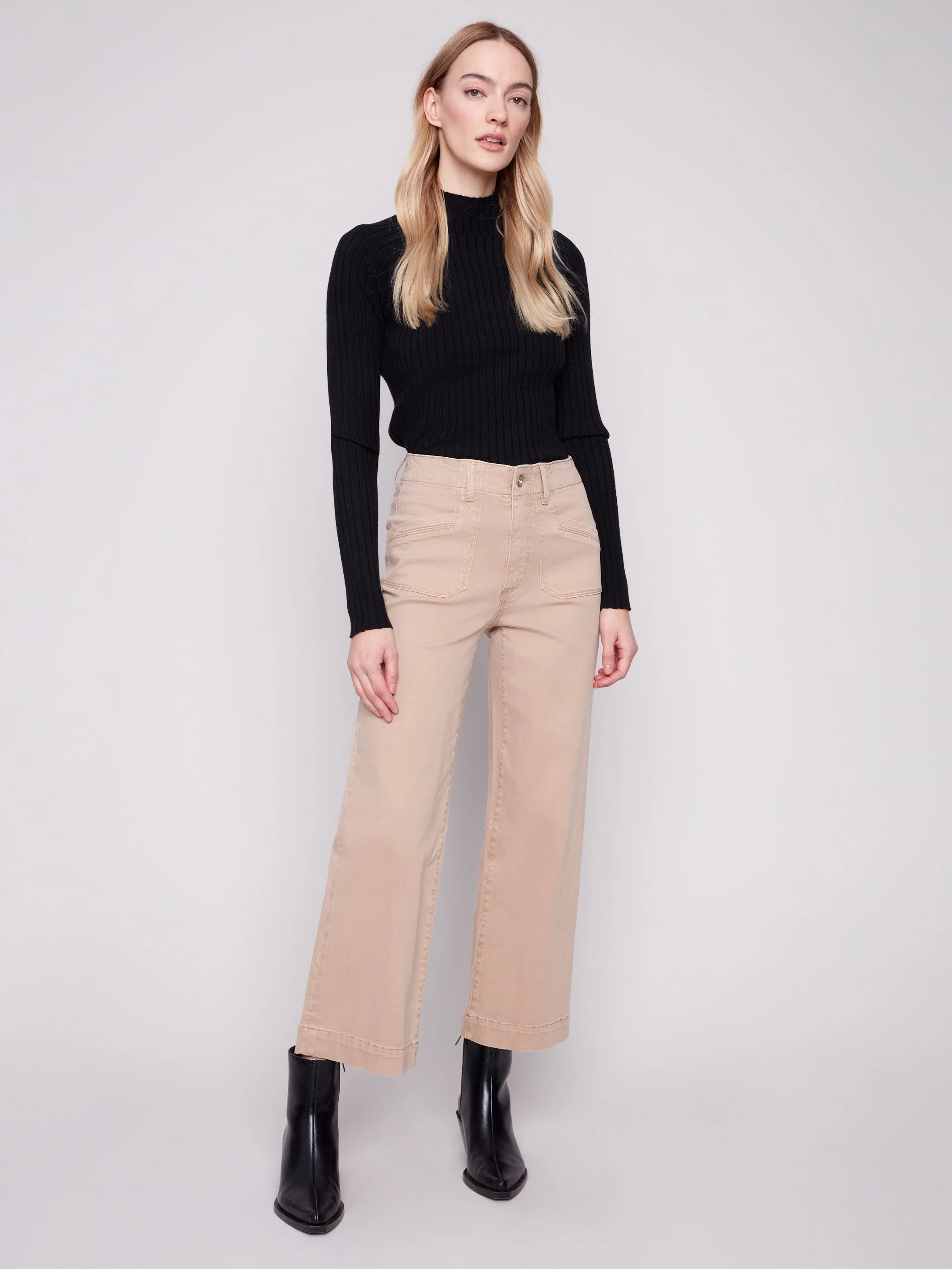 Cropped Wide Leg Stretch Twill Pants