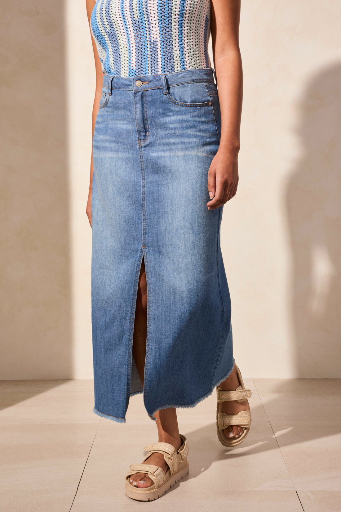 Full Length Denim Midi Skirt