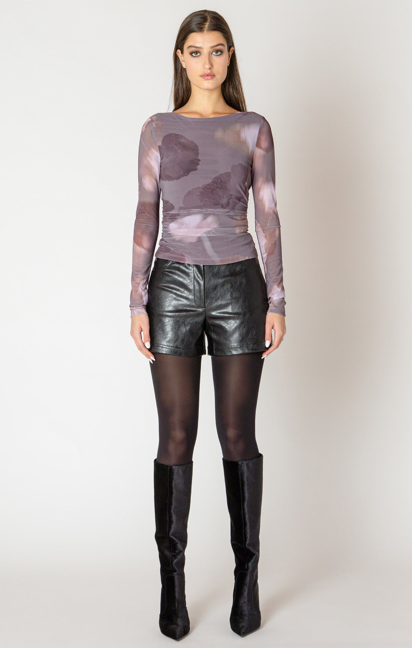 Printed Long Sleeve Mesh Top