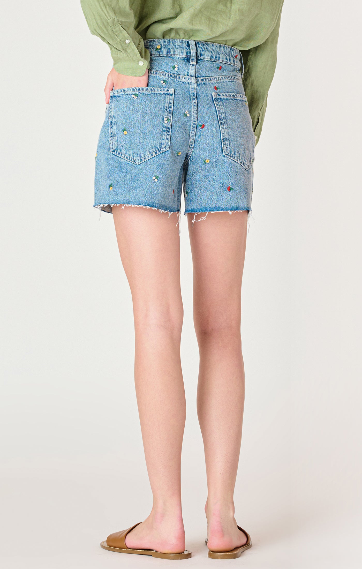Frayed Hem Embroidered Denim Shorts