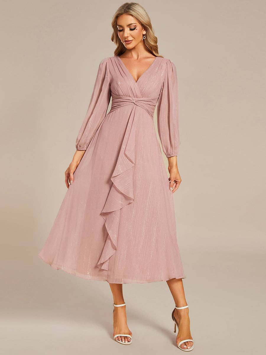 Shiny Chiffon Long Sleeve Midi Dress