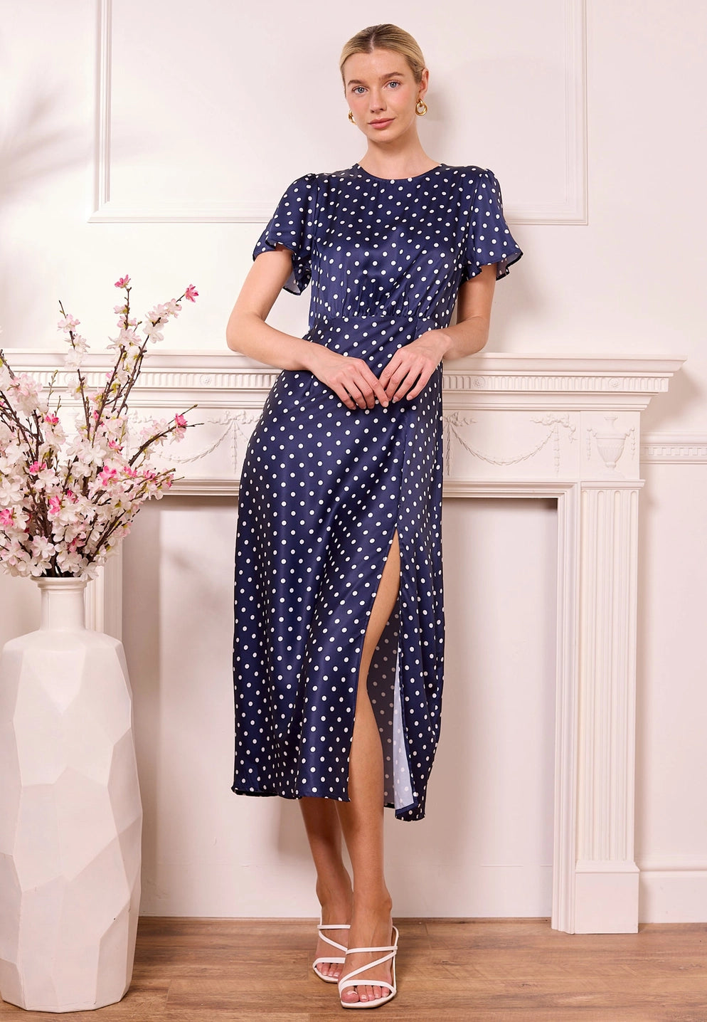 Janzur Satin Polka Dot Midi Dress