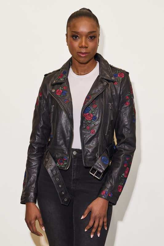 Isabella Floral Embroidered Leather Jacket