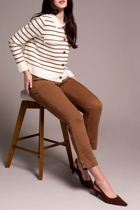 Double Knit Collared Striped Sweater Cardigan