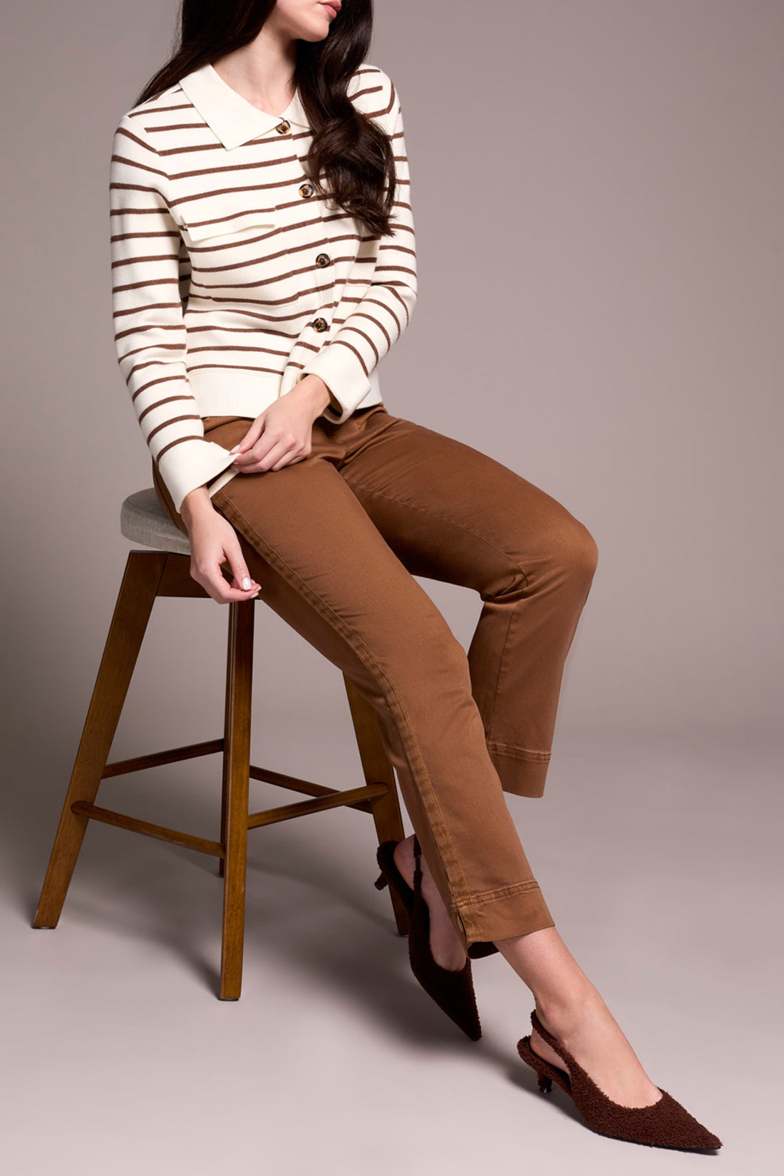 Double Knit Collared Striped Sweater Cardigan