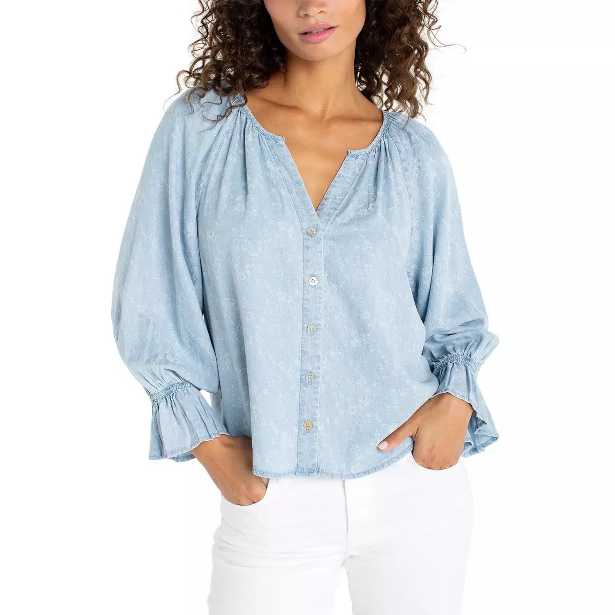 3/4 Sleeve Button Front Shirred Woven Top
