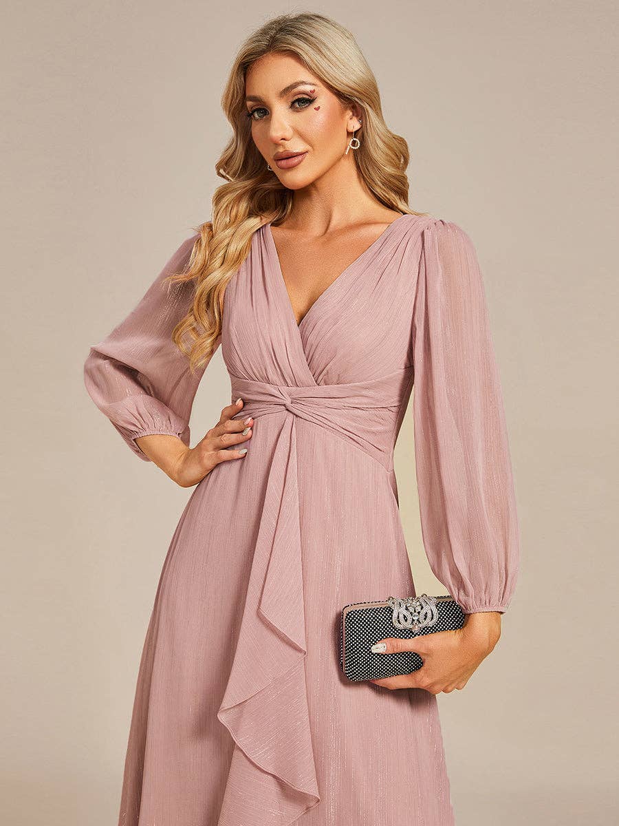 Shiny Chiffon Long Sleeve Midi Dress
