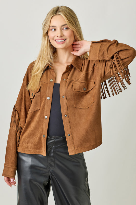 Fringe Back Detail Suede Shirt Jacket