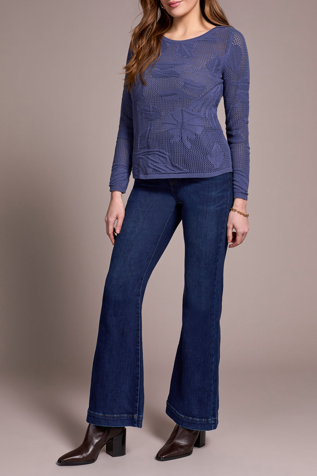 Combed Cotton Mesh Jacquard Boat Neck Sweater