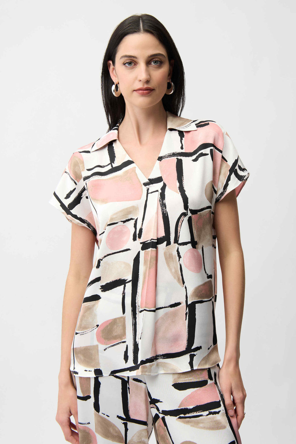 Recycled Satin Abstract Print Boxy Top with V-Neckline