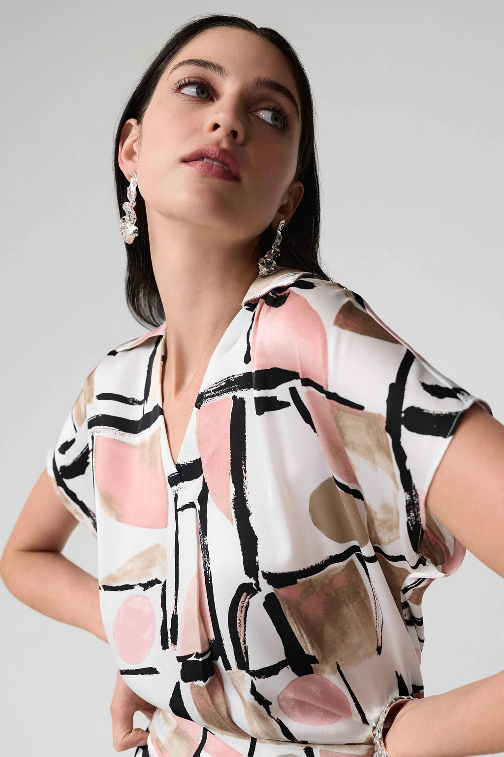 Recycled Satin Abstract Print Boxy Top with V-Neckline