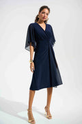 Silky Knit Fit and Flare Dress With Chiffon Draped Sash