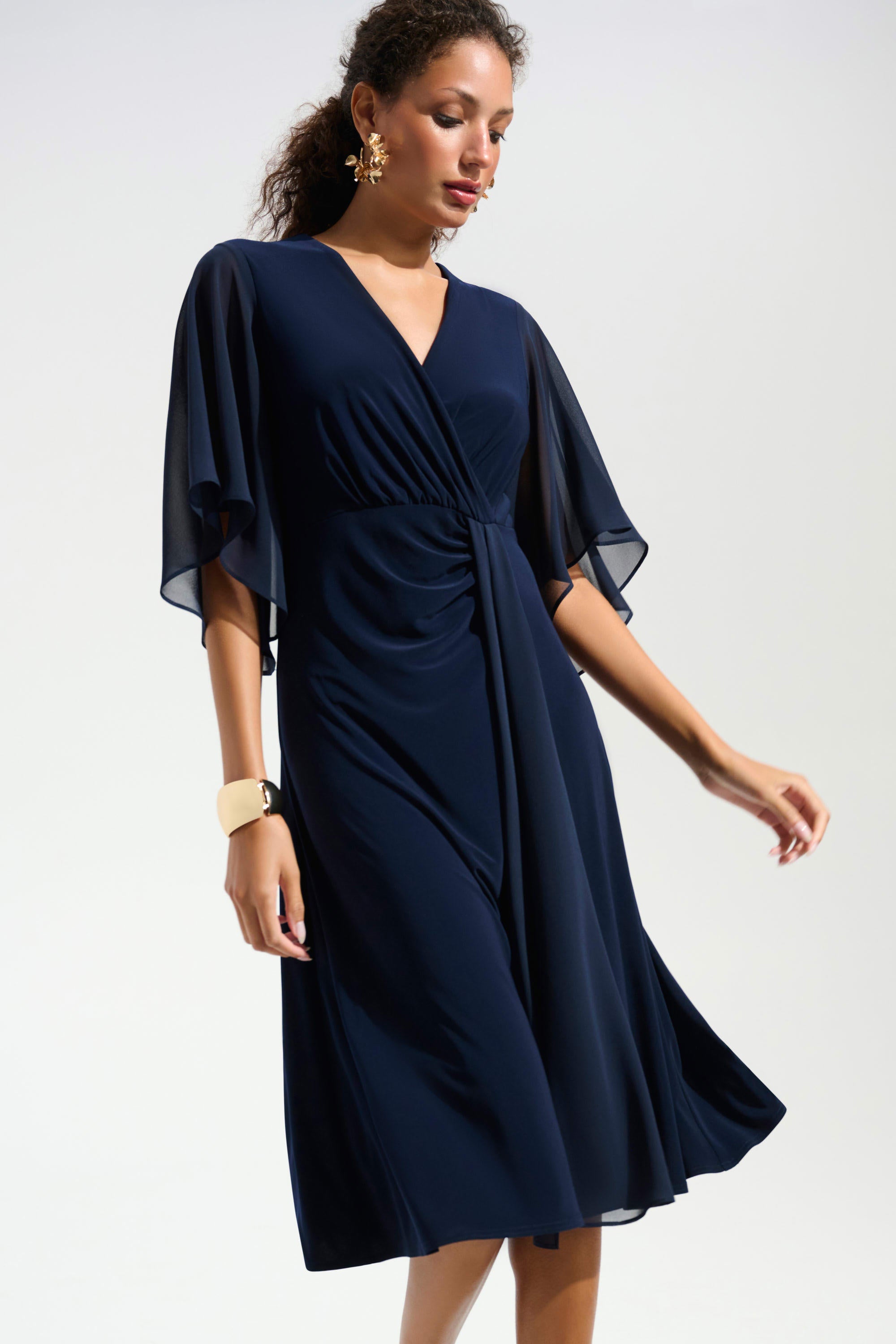 Silky Knit Fit and Flare Dress With Chiffon Draped Sash