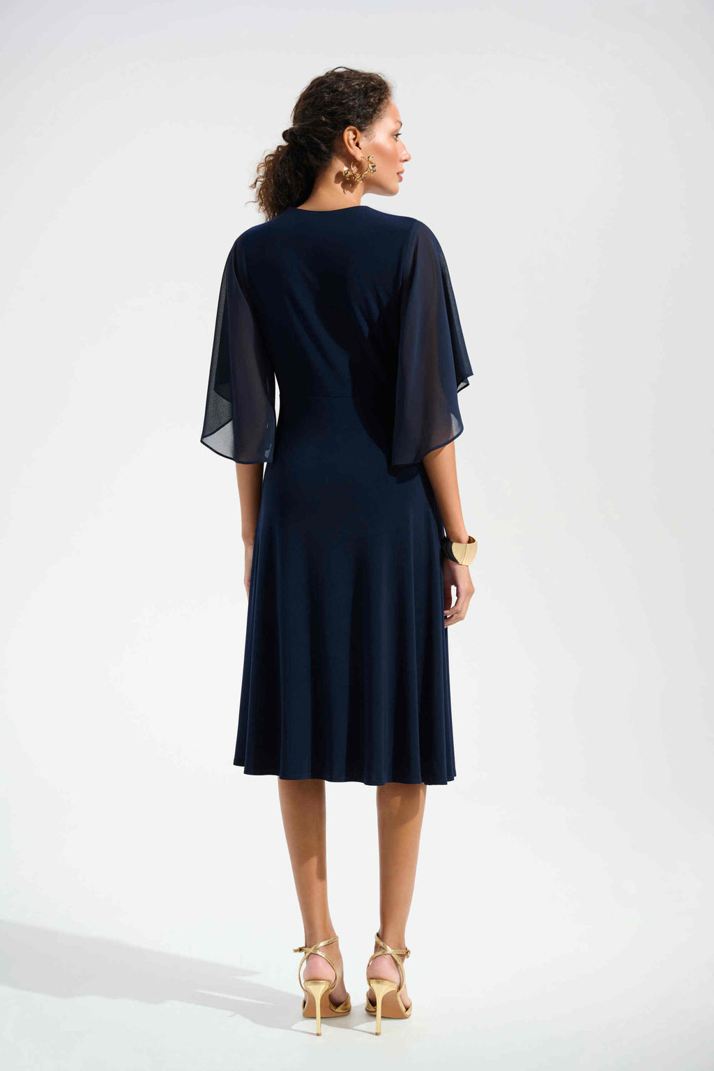 Silky Knit Fit and Flare Dress With Chiffon Draped Sash