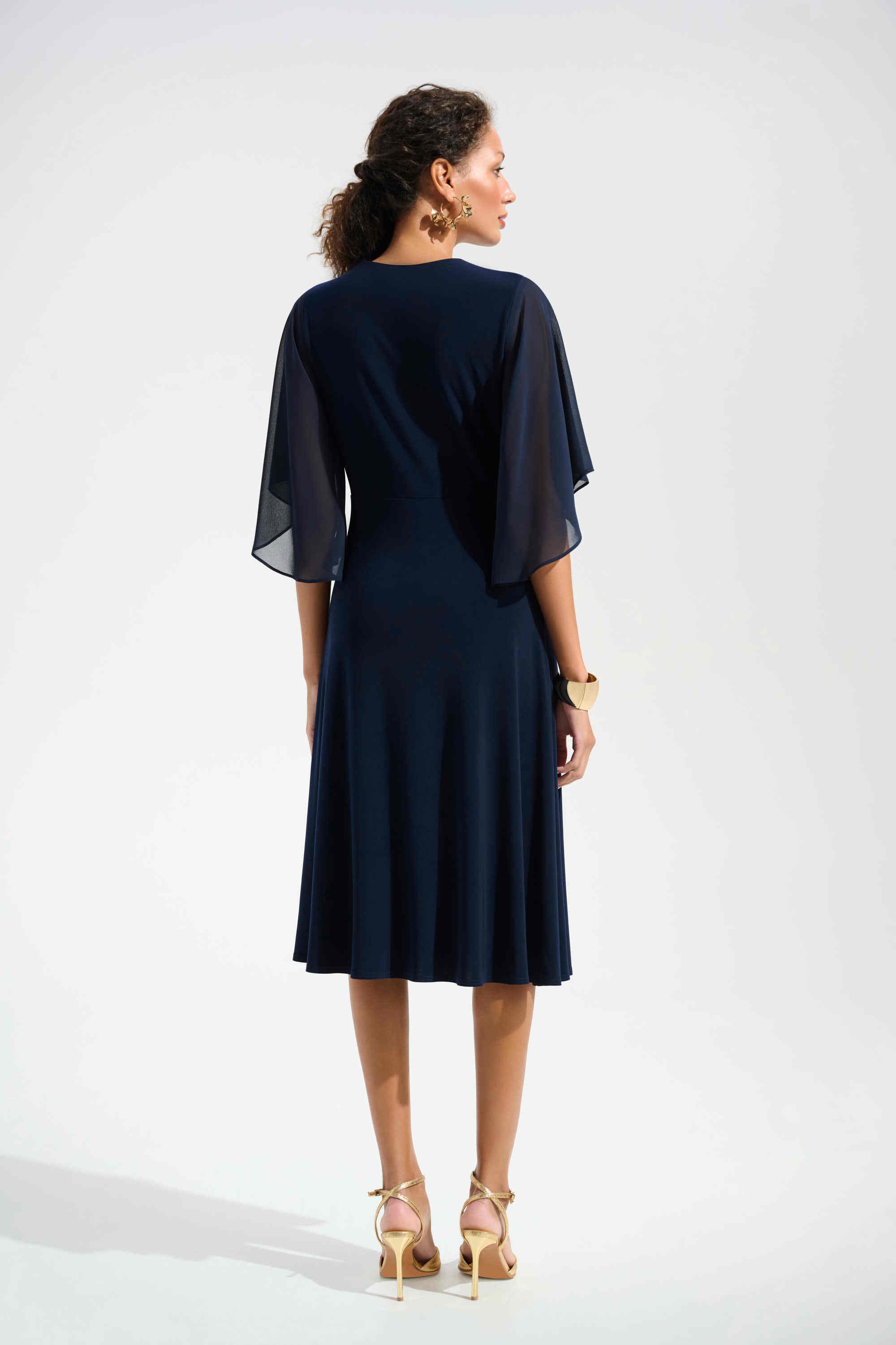 Silky Knit Fit and Flare Dress With Chiffon Draped Sash