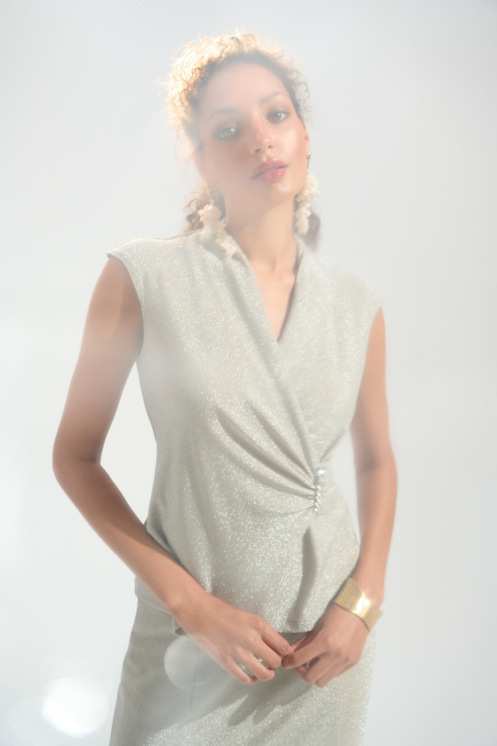 Sparkle Knit Wrap Top With Rhinestones Ornament