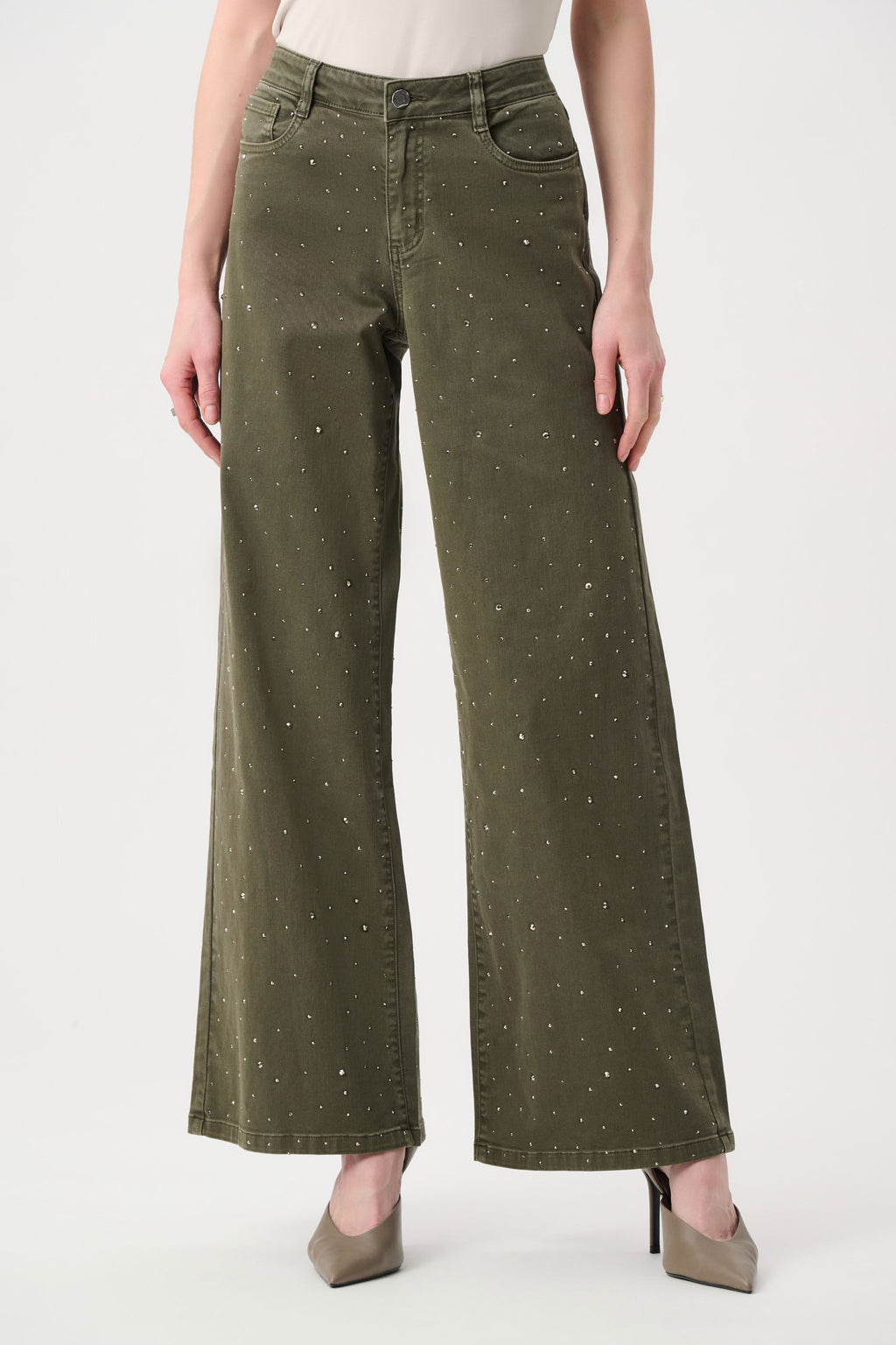 Featherweave Denim Wide Leg Jeans With Rhinestones